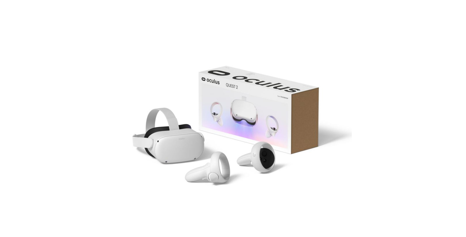 Auriculares VR Oculus Quest 2 y controladores en una caja. Se muestran auriculares y controladores blancos.