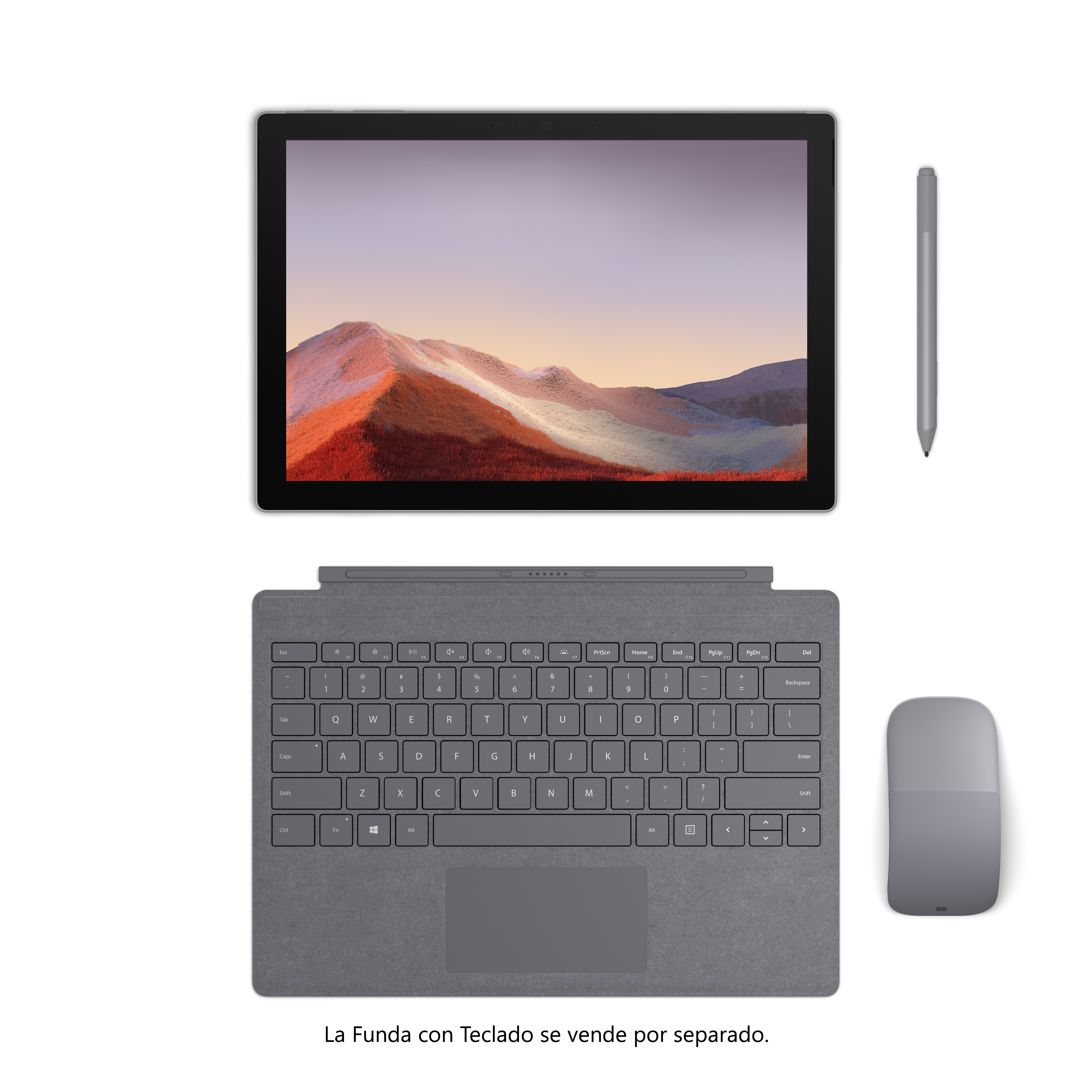Portátil, teclado, ratón y lápiz sobre fondo blanco. Teclado y ratón son grises.