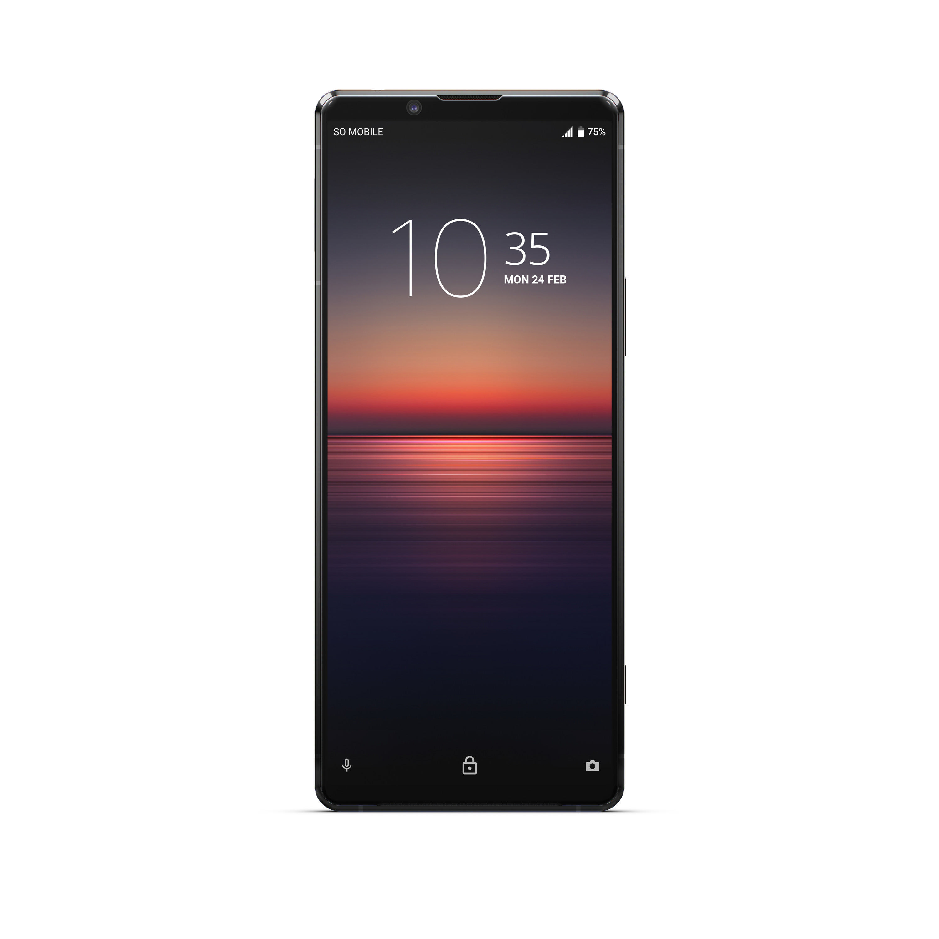 Schwarzes Smartphone mit farbenfrohem Sonnenuntergang-Hintergrund und Schloss-Symbol.