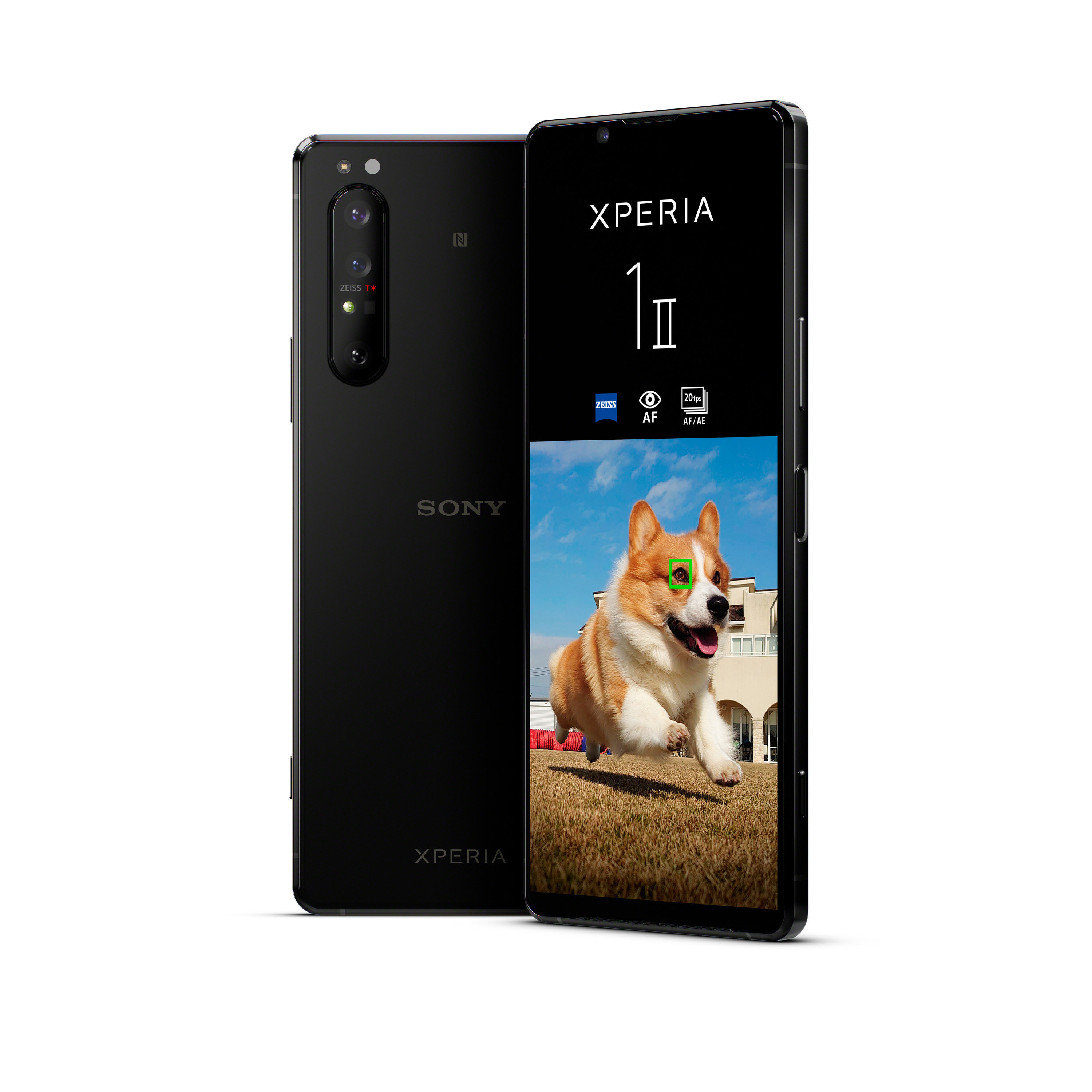 Zwei schwarze Sony Xperia-Telefone. Eines zeigt einen laufenden Corgi mit Kamerafokus.
