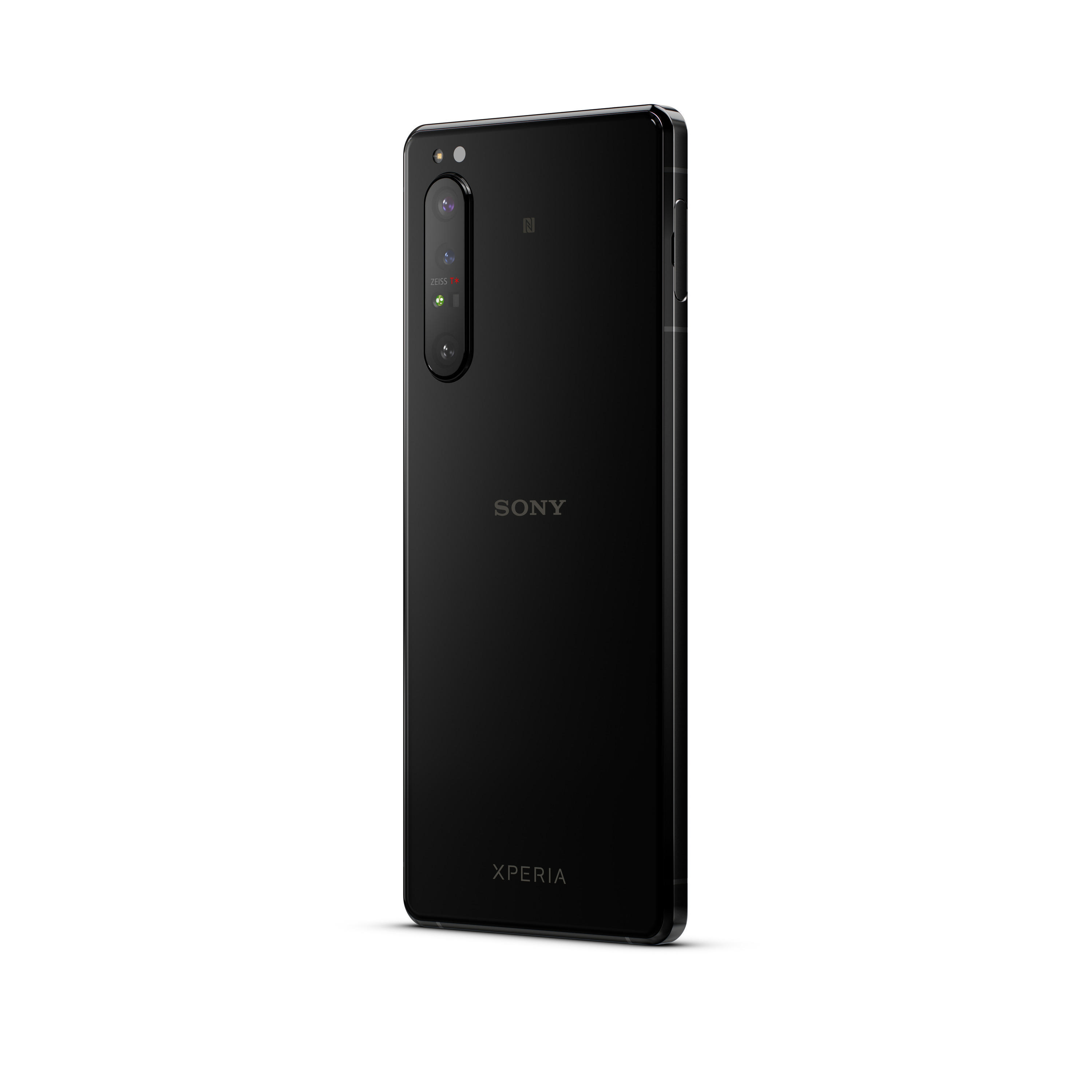 Schwarzes Sony Xperia Telefon von hinten gesehen. Kamera und Branding sind sichtbar.