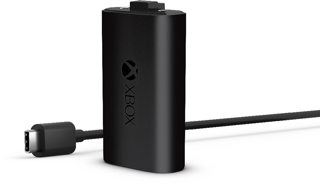 Chargeur de batterie Xbox noir avec un port USB-C. Le logo Xbox est visible.