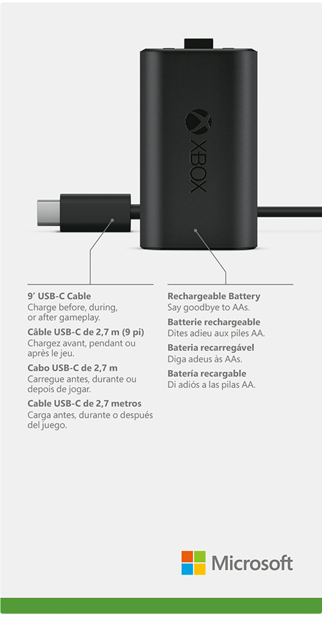 Un bloc-batterie Xbox noir avec un câble USB-C connecté.