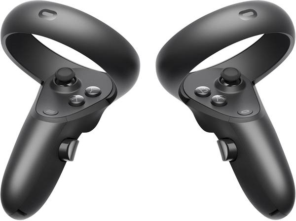 Dos controladores de realidad virtual negros con botones y joysticks.