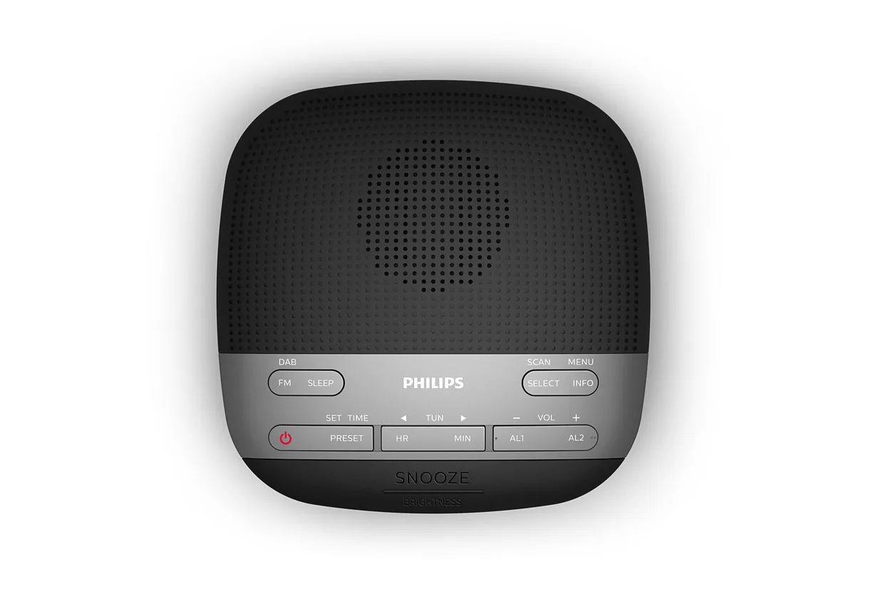 Black and silver Philips radio, with buttons and a display. Top-down view, white background.