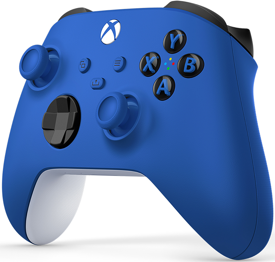 Blue Xbox controller with buttons and joysticks.