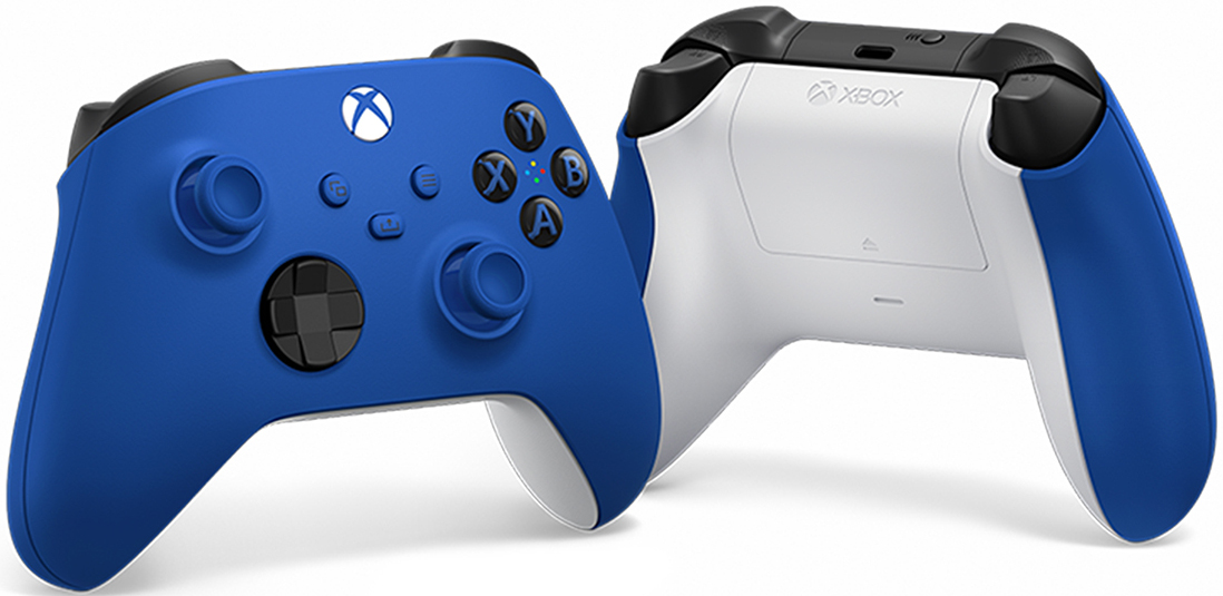 Front and back of a blue Xbox controller, showing buttons and logo.
