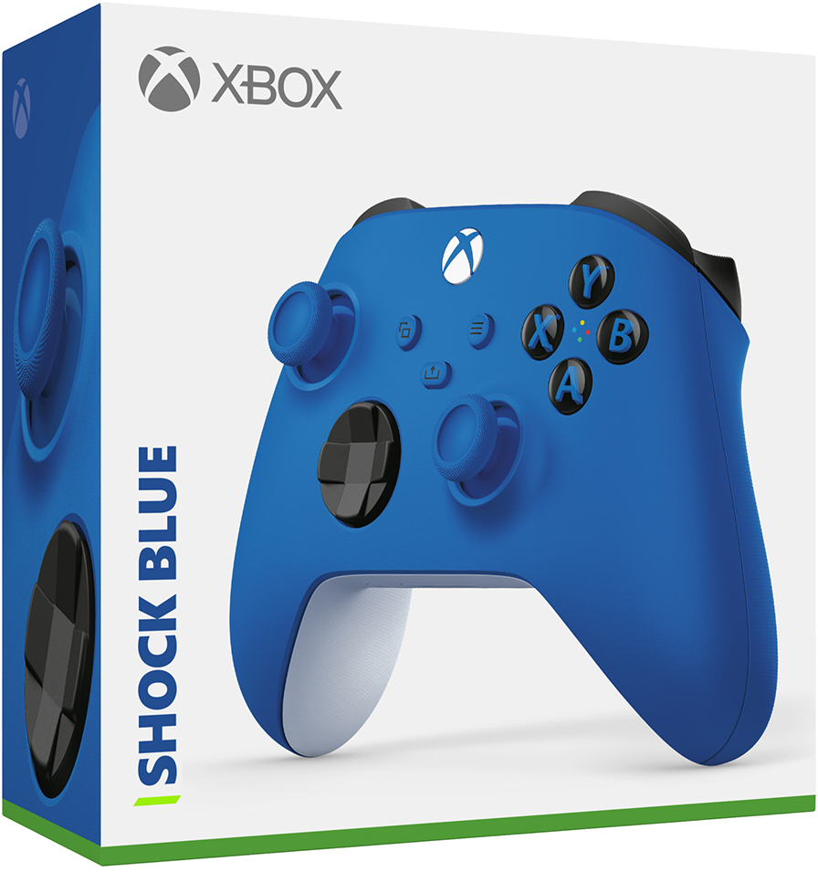 Blue Xbox Shock Blue controller in its retail packaging.
