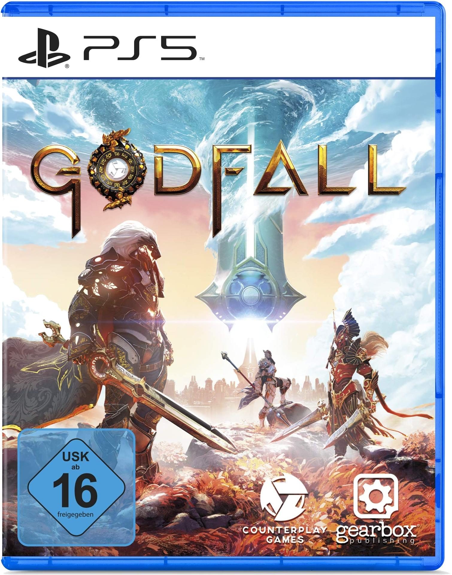 PS5-Spielcover: 'Godfall'. Krieger in Rüstungen, Titeltext und blauer Hintergrund.