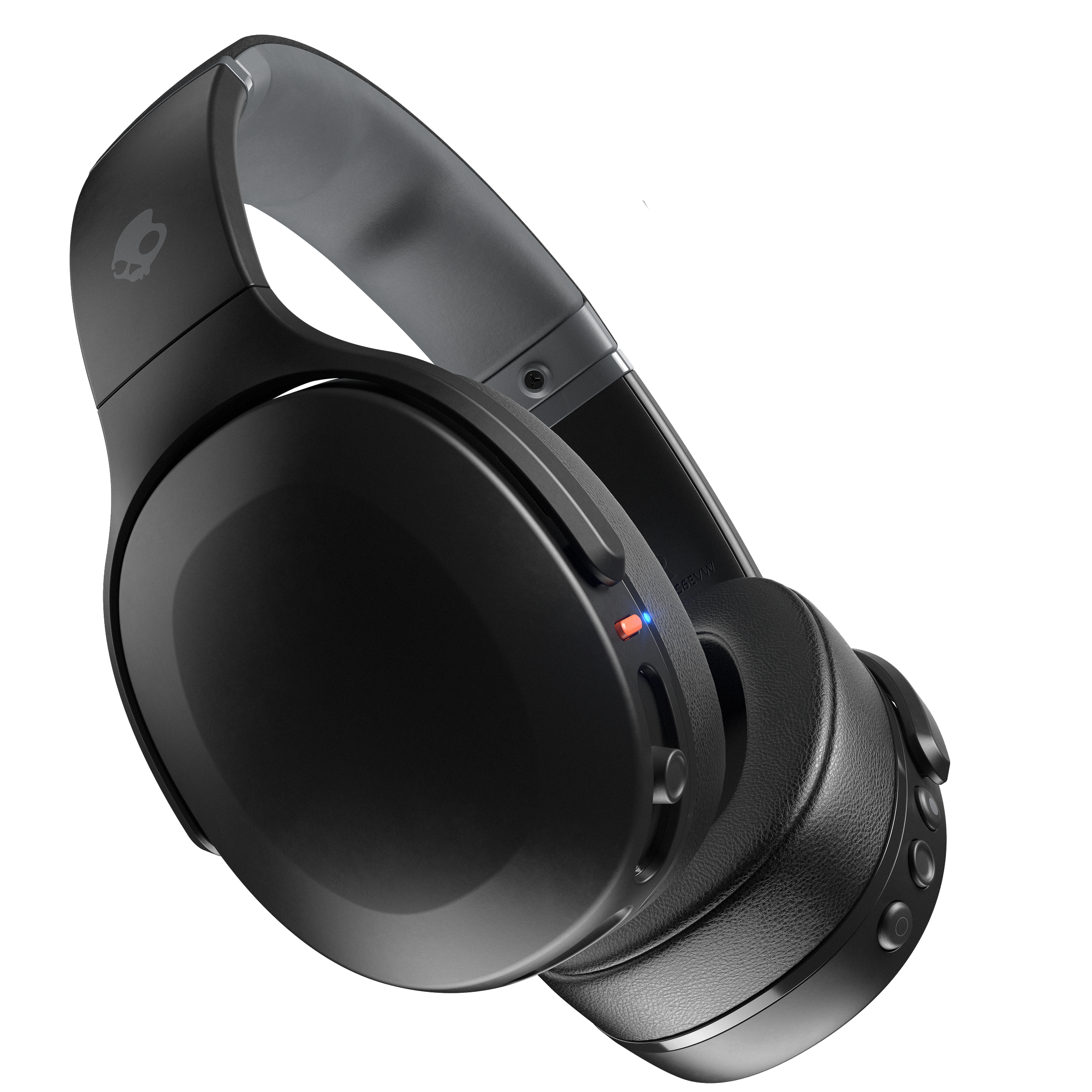 Schwarze Skullcandy-Kopfhörer. Bügel und Ohrmuscheln sichtbar, Seitenansicht auf weißem Grund.