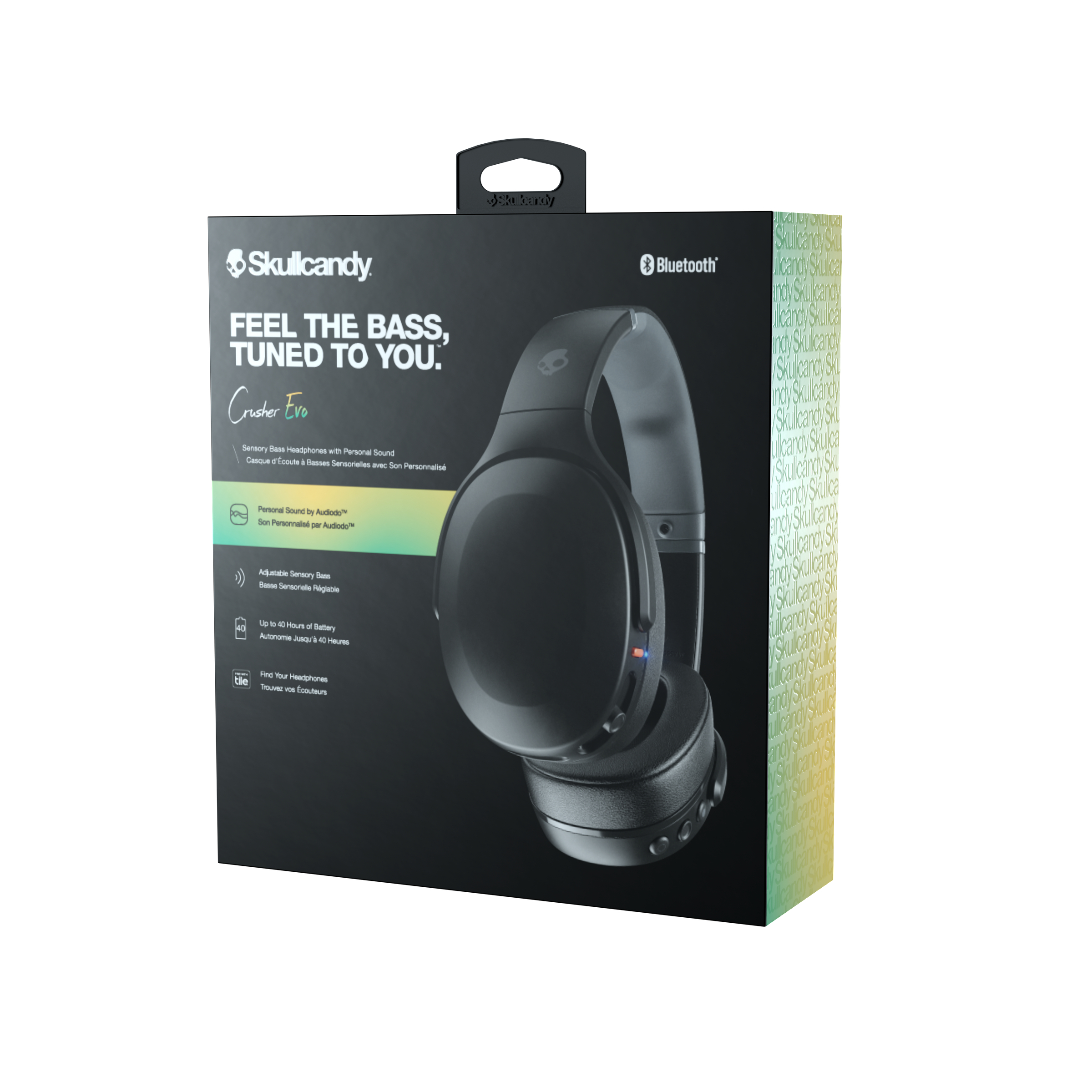Schachtel mit Skullcandy Evo Kopfhörern, Kopfhörer sichtbar.