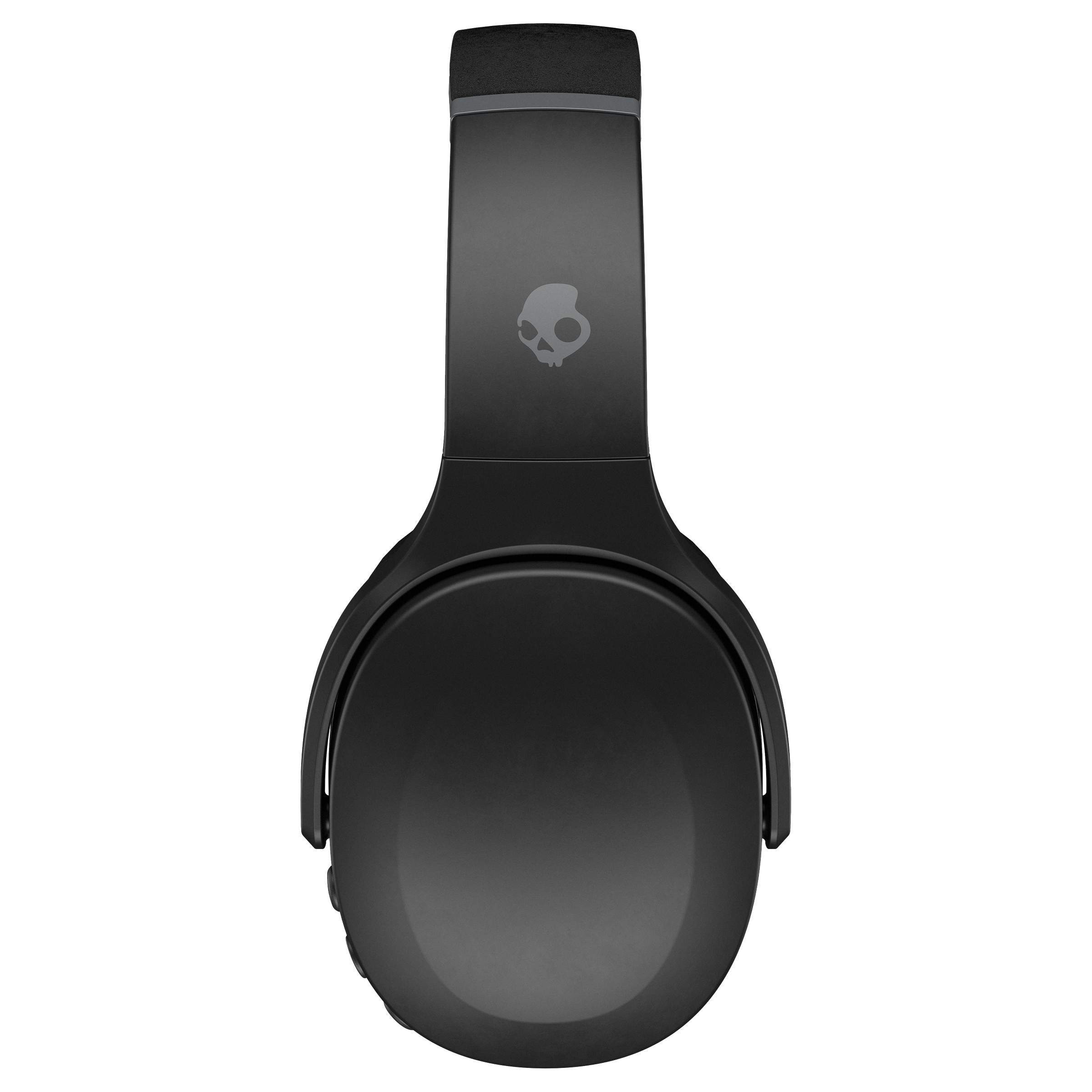 Schwarze Kopfhörer, Draufsicht, mit Skullcandy-Logo auf dem Kopfband. Ohrmuscheln sind rund.