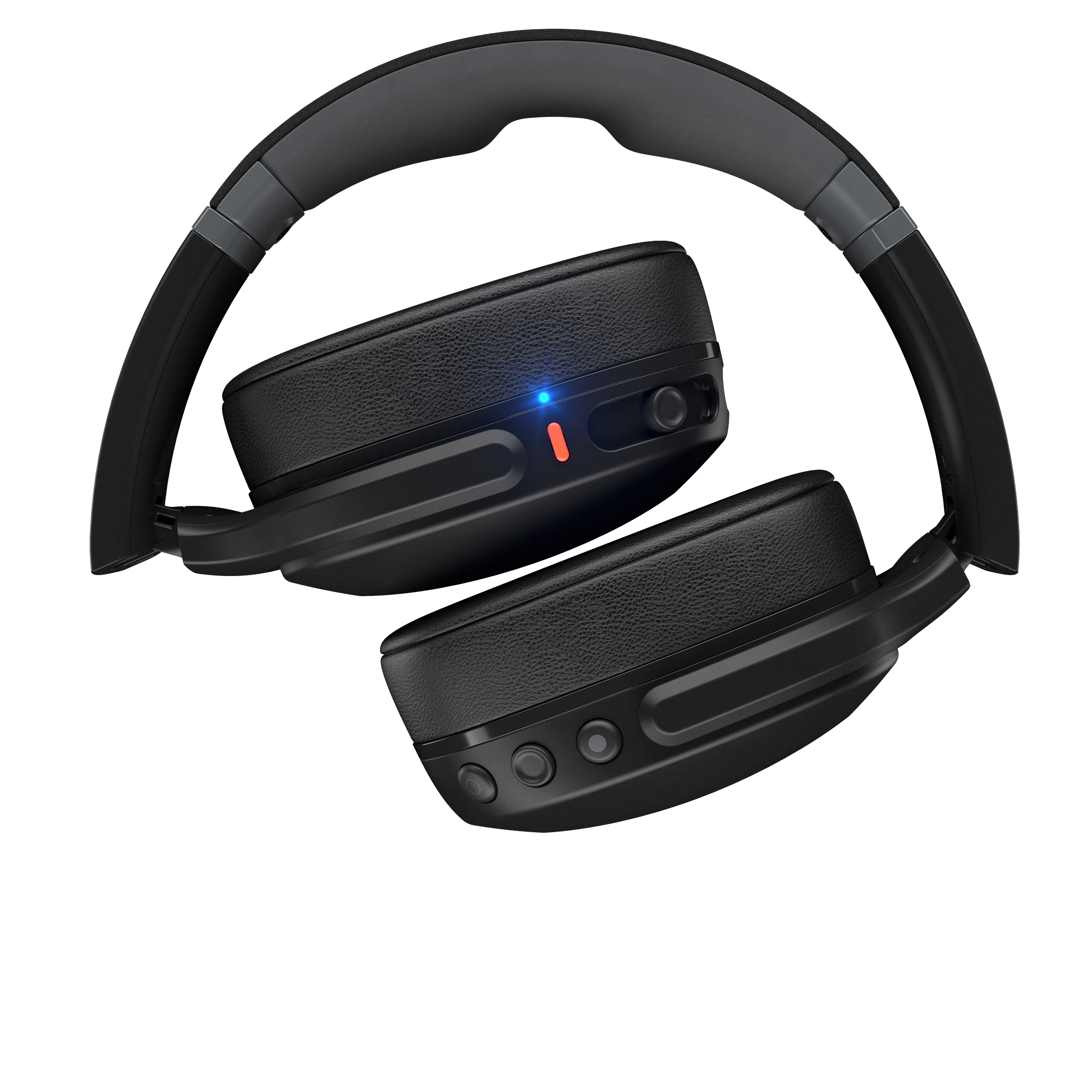 Skullcandy Kopfhörer, schwarz mit grauen Akzenten, aufgeklappt, weißer Hintergrund.