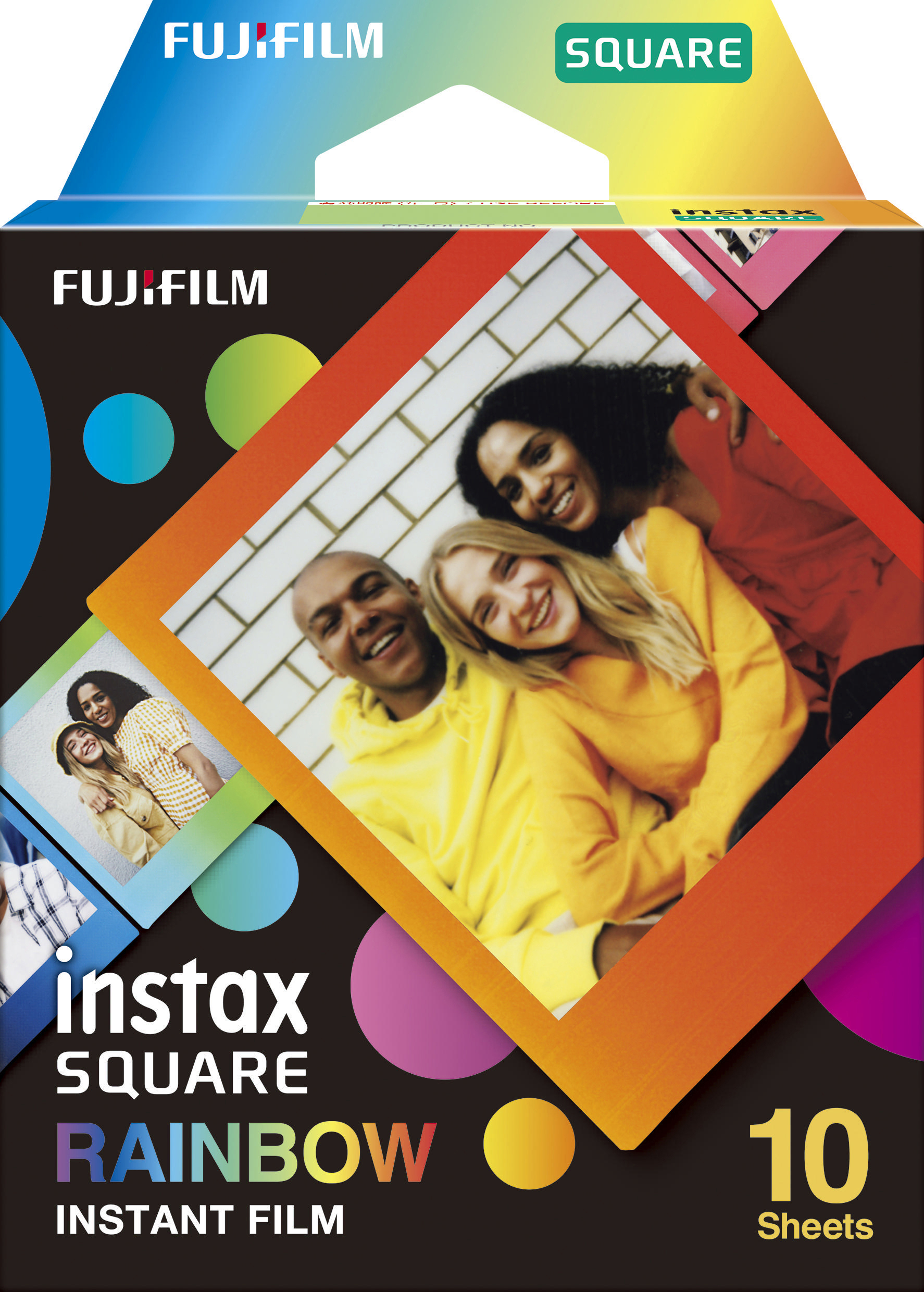 Instax Square Rainbow Filmbox mit drei lächelnden Personen. Die Box ist orange und schwarz.