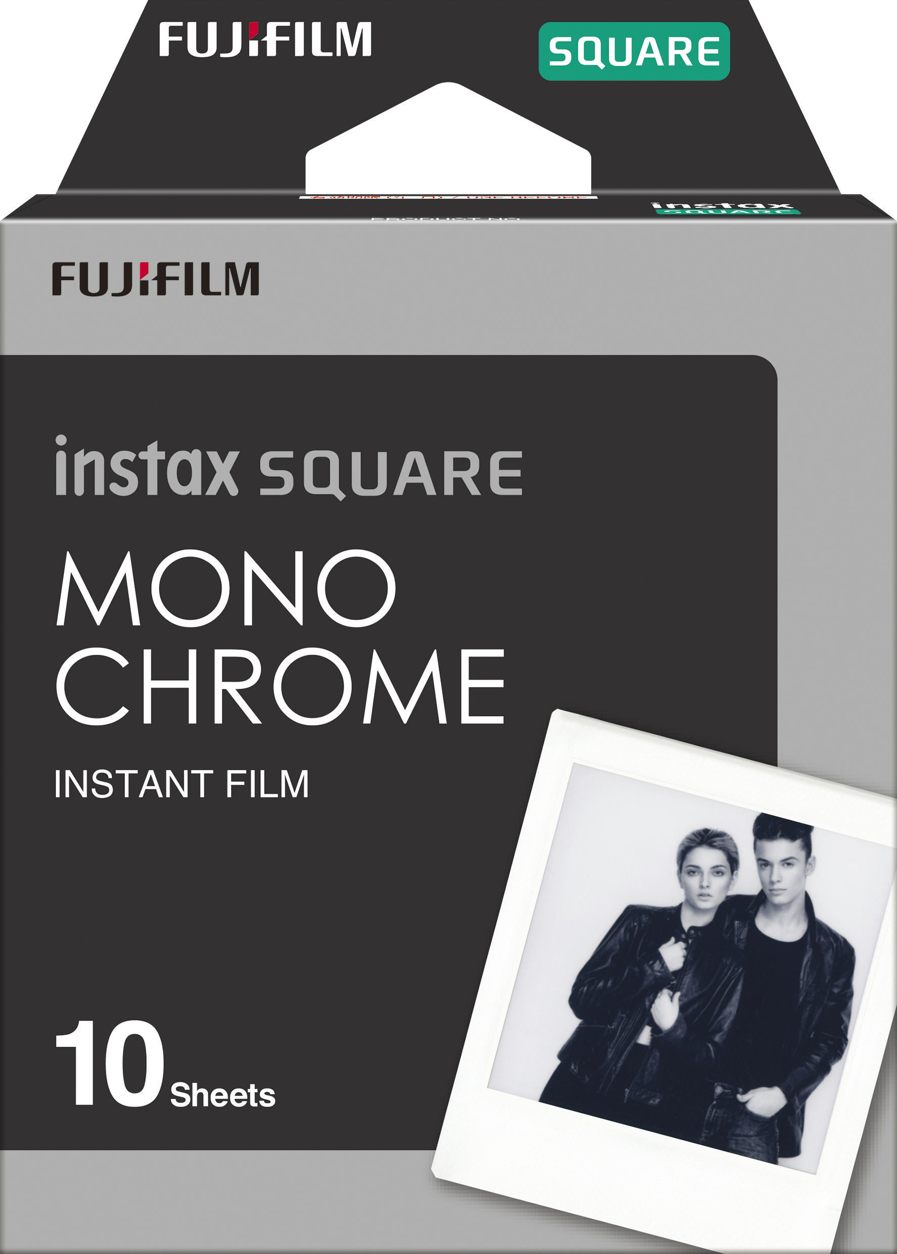 Fujifilm Instax Square Mono Chrome Filmbox mit einem Beispielbild eines Paares in Schwarzweiß.