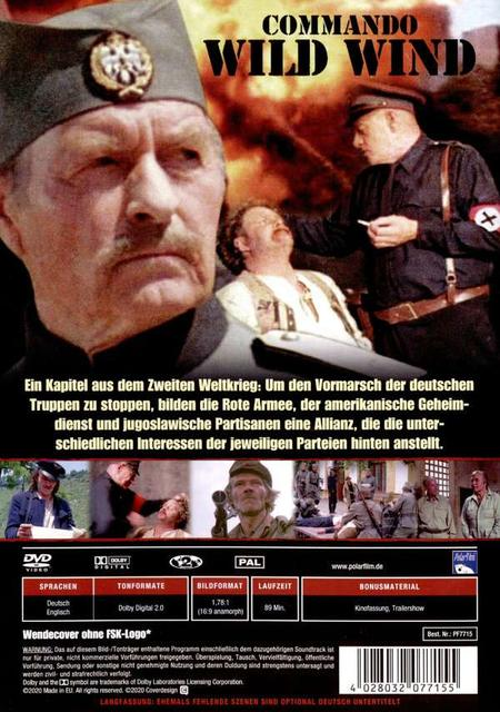DVD-Cover des Films 'Commando Wild Wind'. Zeigt Schauspieler in Kriegsbekleidung. Text auf Deutsch.