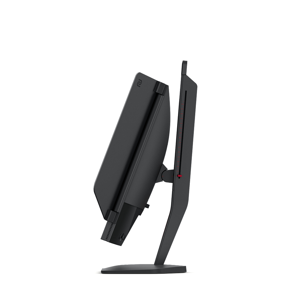 Schwarzer Computermonitor mit rotem Streifen. Der Monitor ist abgewinkelt und zeigt sein Seitenprofil.