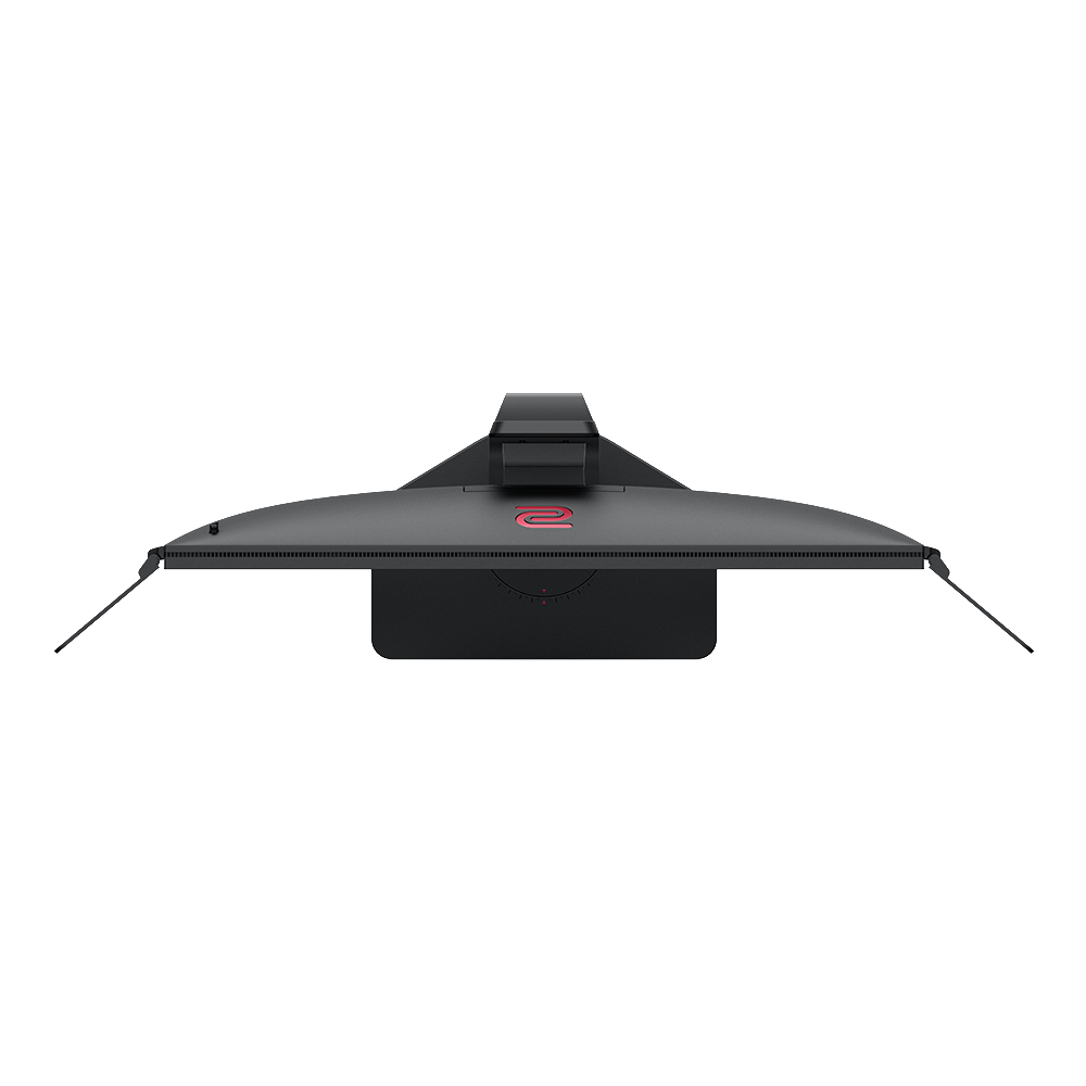 Draufsicht auf einen schwarzen Computermonitor. Ein rotes Logo befindet sich oben in der Mitte.
