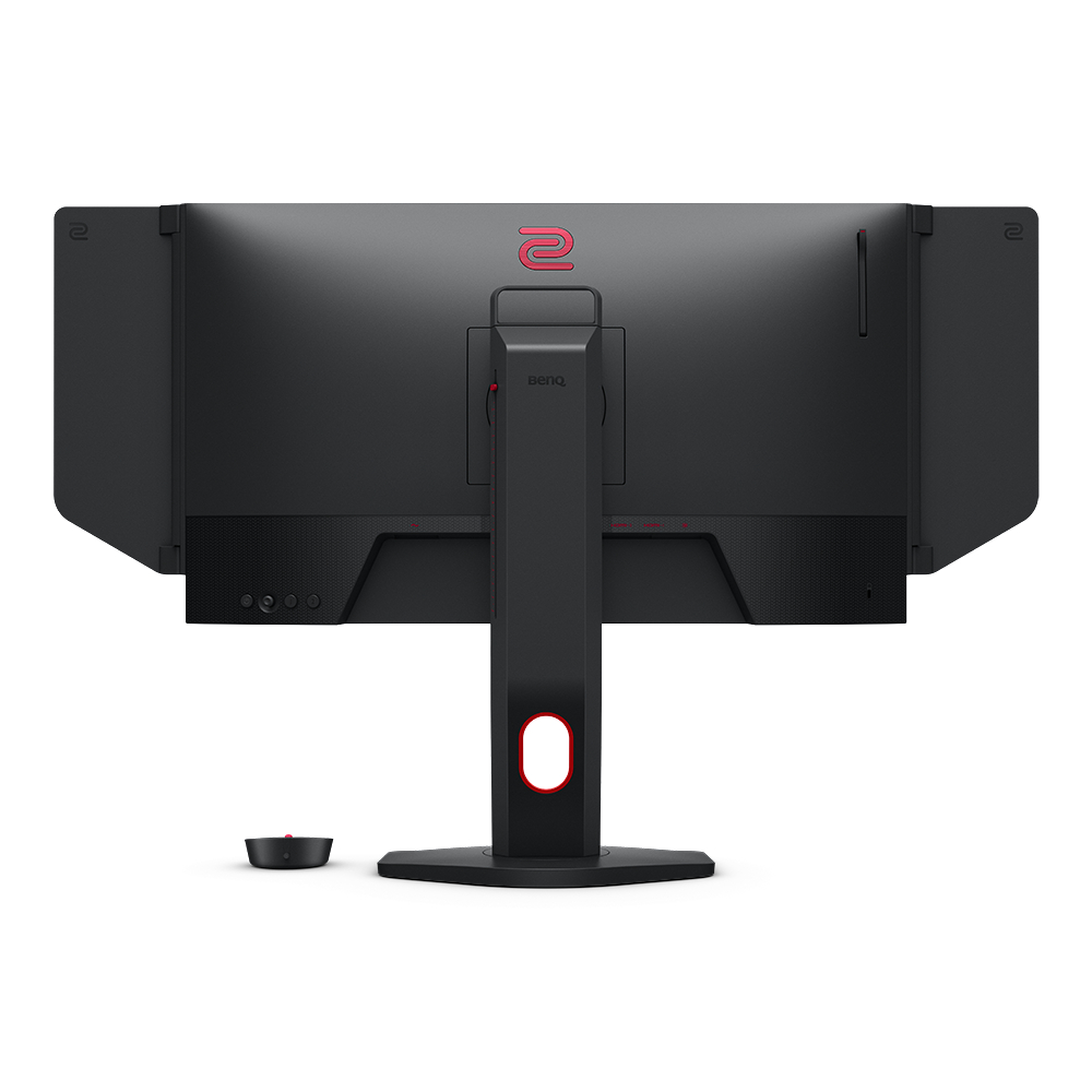 Schwarzer Gaming-Monitor, Rückansicht, mit Ständer und roten Akzenten. BenQ-Logo sichtbar.