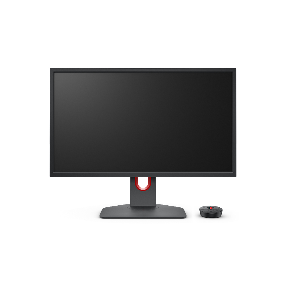 Ein Computermonitor mit schwarzem Bildschirm, dunkelgrauer Basis und rotem Akzent, mit einem Steuerungsrad.