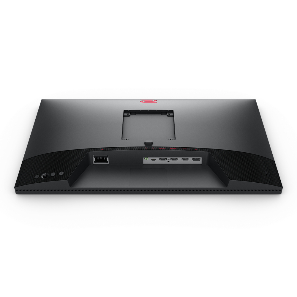 Rückseite eines schwarzen Monitors mit Anschlüssen. Rote Akzente und BenQ-Logo sichtbar. Weißer Hintergrund.