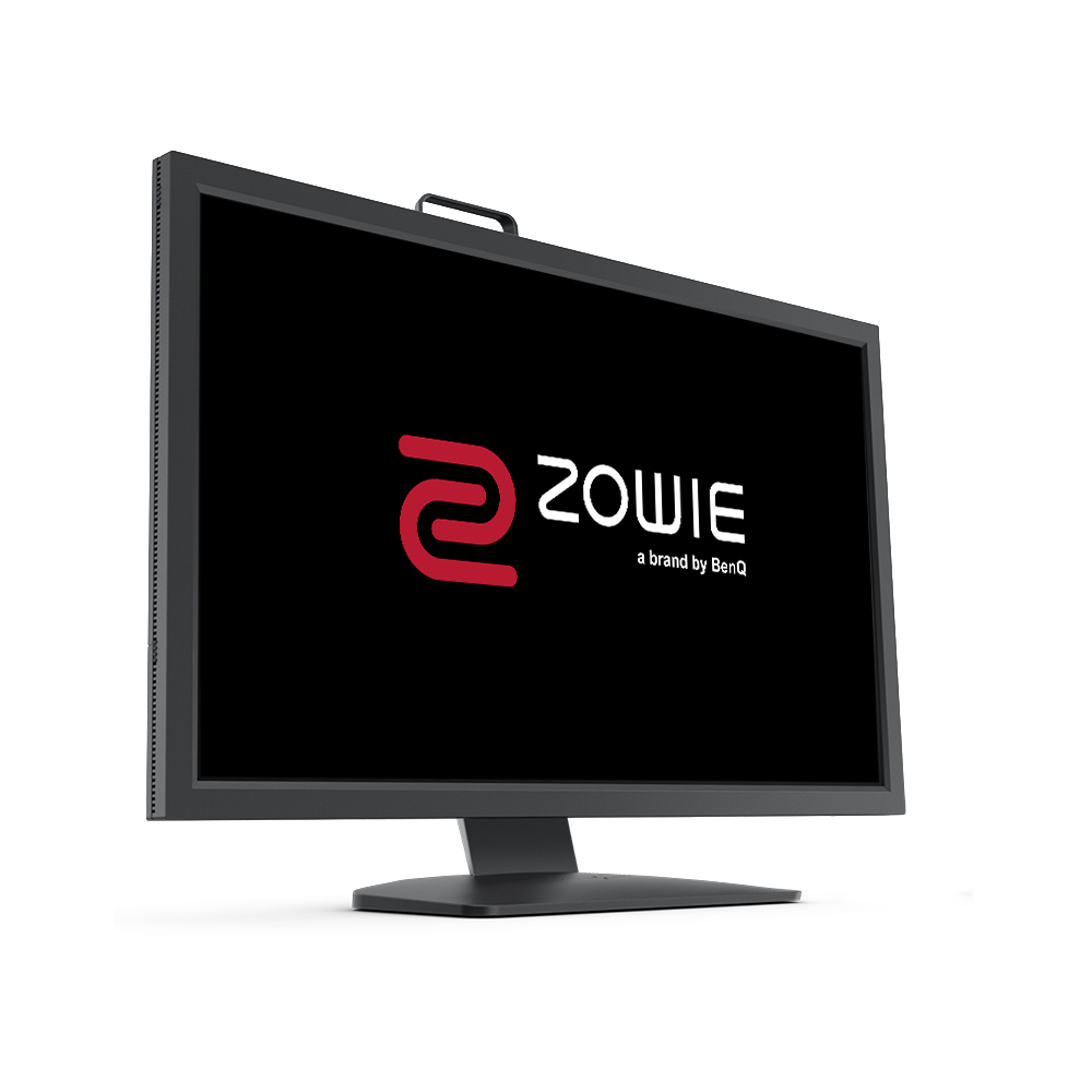 Ein schwarzer Computermonitor, der das Zowie-Markenlogo auf einem schwarzen Bildschirm anzeigt. Er hat einen Ständer.