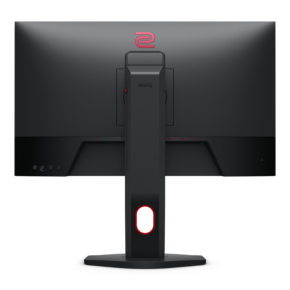 Rückansicht eines schwarzen BenQ-Monitors mit rotem Logo und Ständer. Weißer Hintergrund.