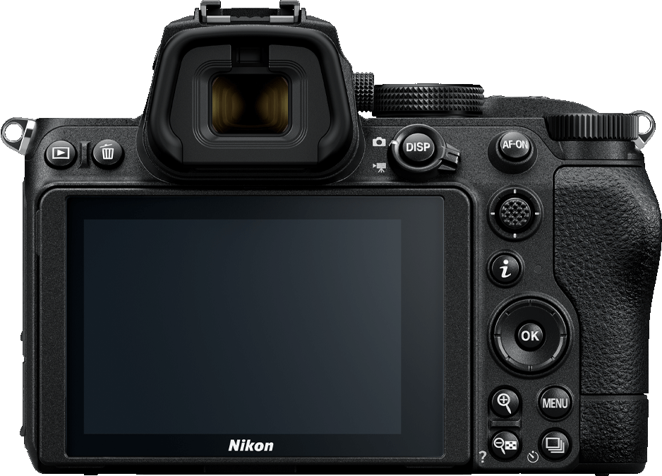 Arrière d'un appareil photo noir de la série Nikon Z. Écran d'affichage, boutons et viseur visibles.