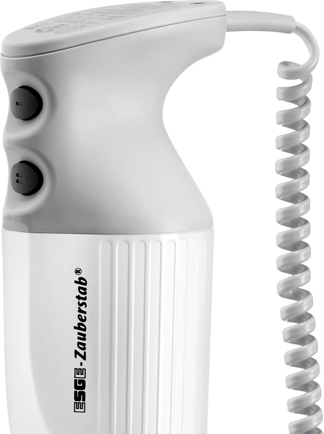 Weißer und grauer Stabmixer mit Spiralkabel und schwarzen Knöpfen.