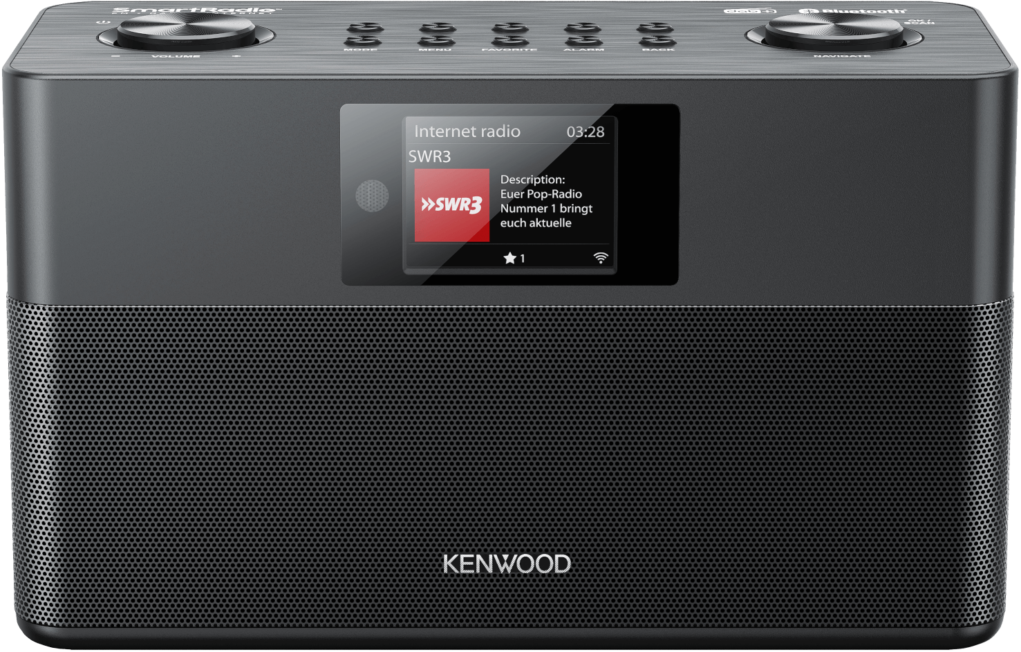 Kenwood smart radio with a screen, displaying radio information, on a dark grey background.