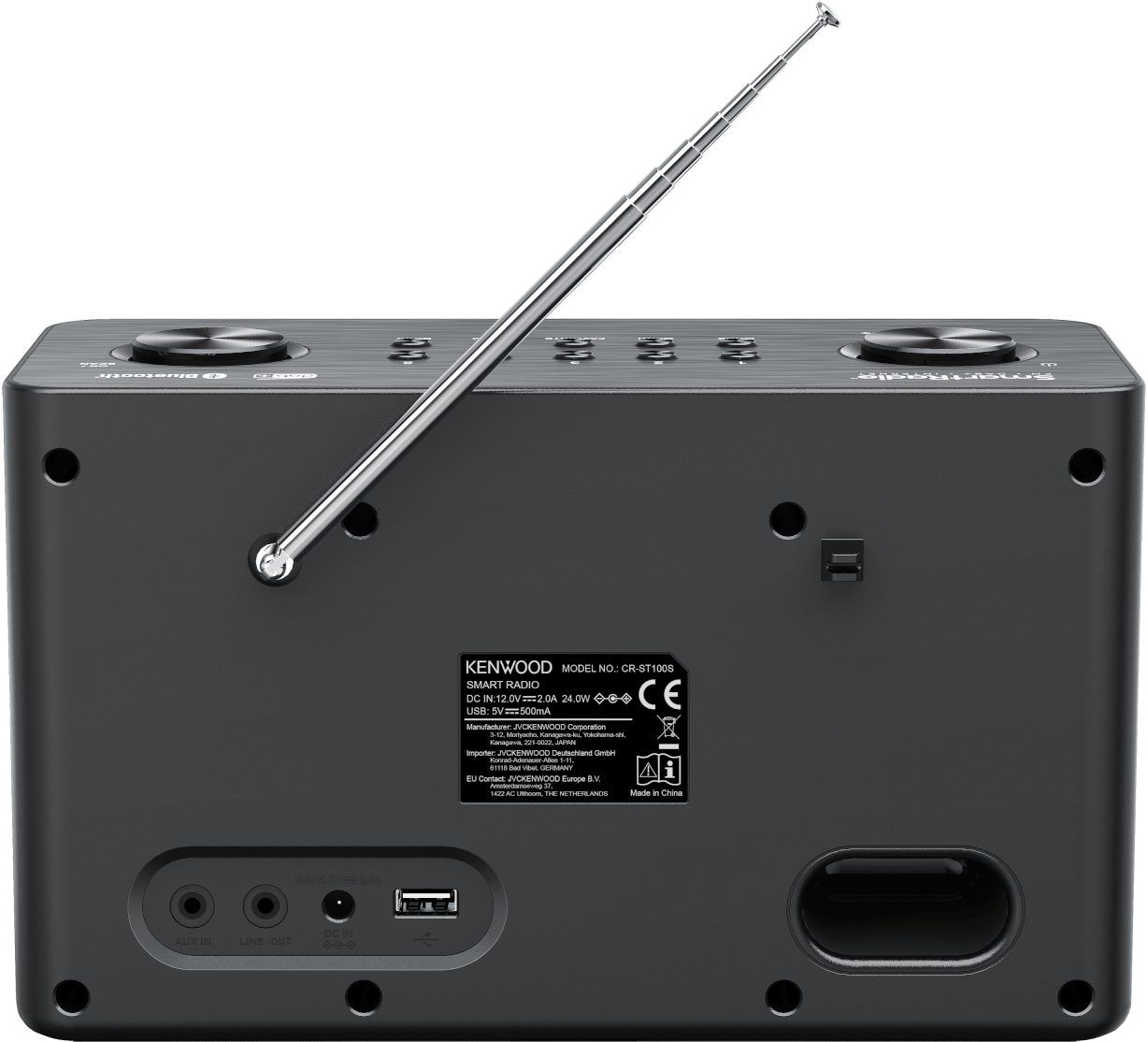 Back of a Kenwood smart radio with buttons, ports, and a retractable antenna.