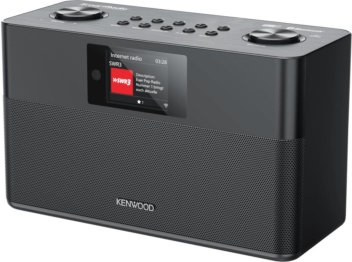 Black Kenwood radio with a screen showing radio station information, with a black background.
