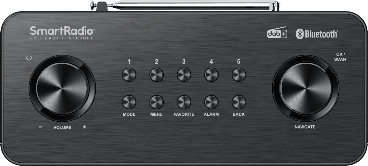 A black SmartRadio with buttons and knobs. There is the word 'SmartRadio' and 'Bluetooth' on the front.