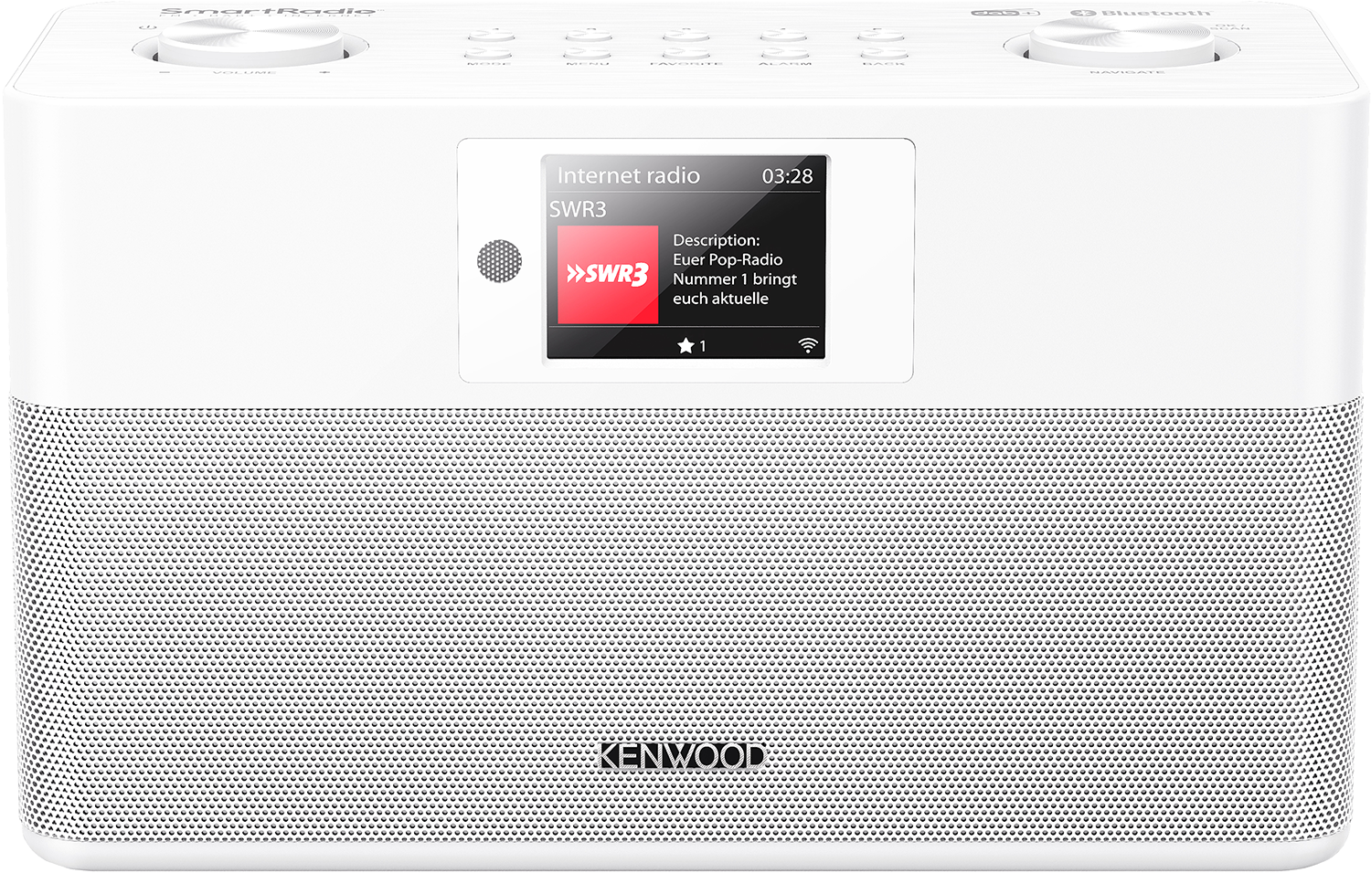 White Kenwood internet radio with a screen, speakers and control buttons. Top-down view.