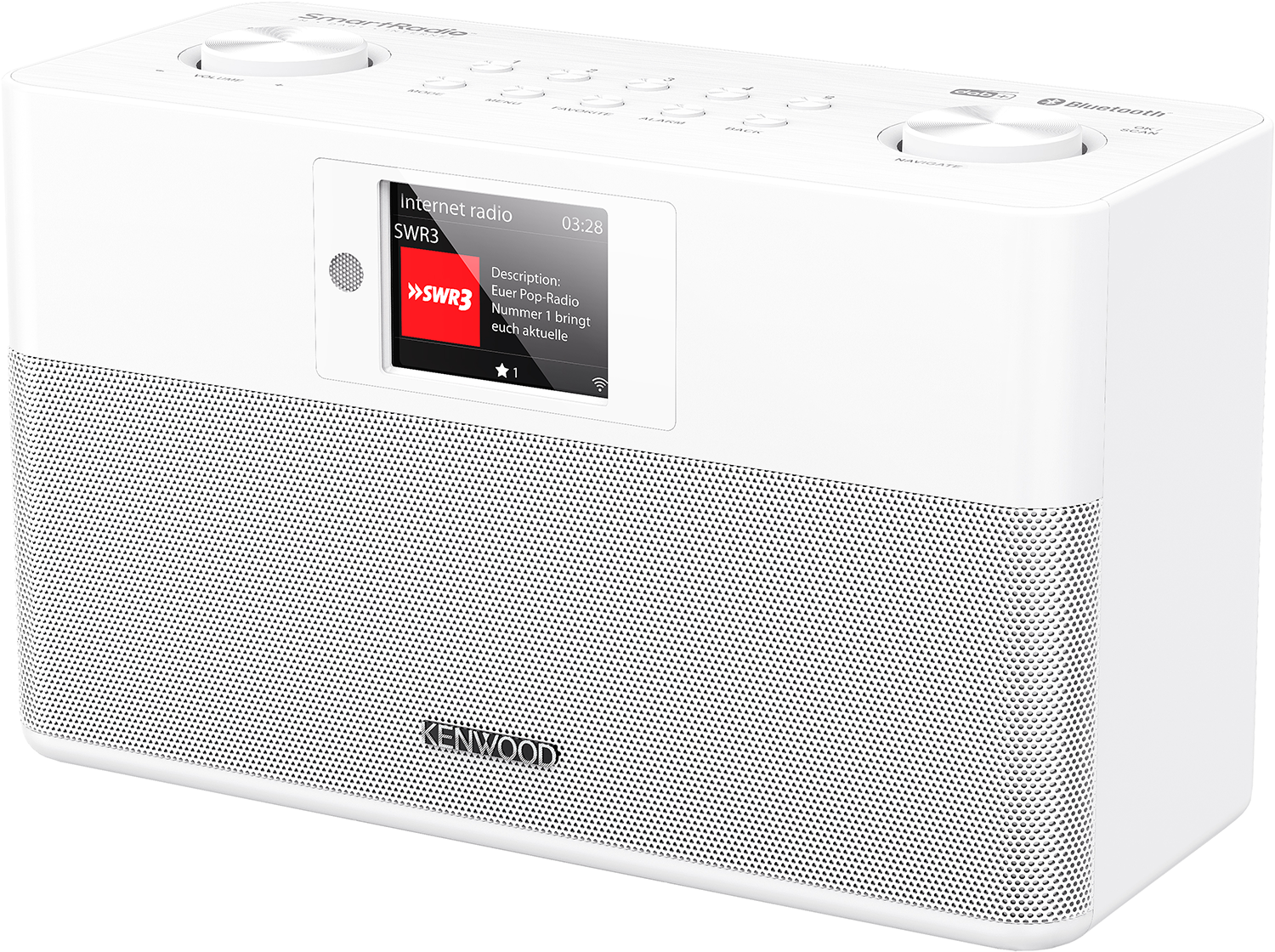 White Kenwood radio with a screen showing radio station info and the Kenwood logo. White background.