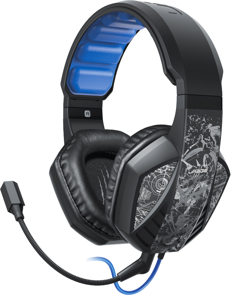 Gaming headset. Fekete és kék mikrofonnal. Párnázott fülkagylói és fejpántja van.