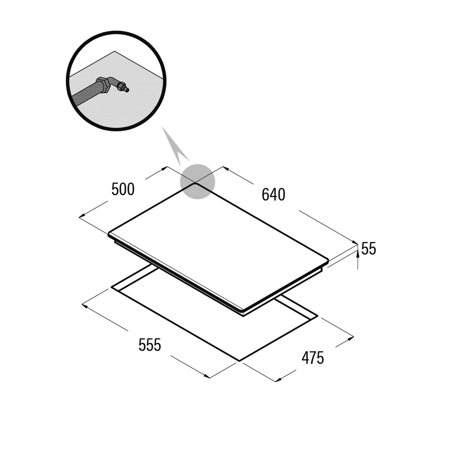 Dibujo de una placa de cocina con dimensiones. Un primer plano muestra un conector de gas.