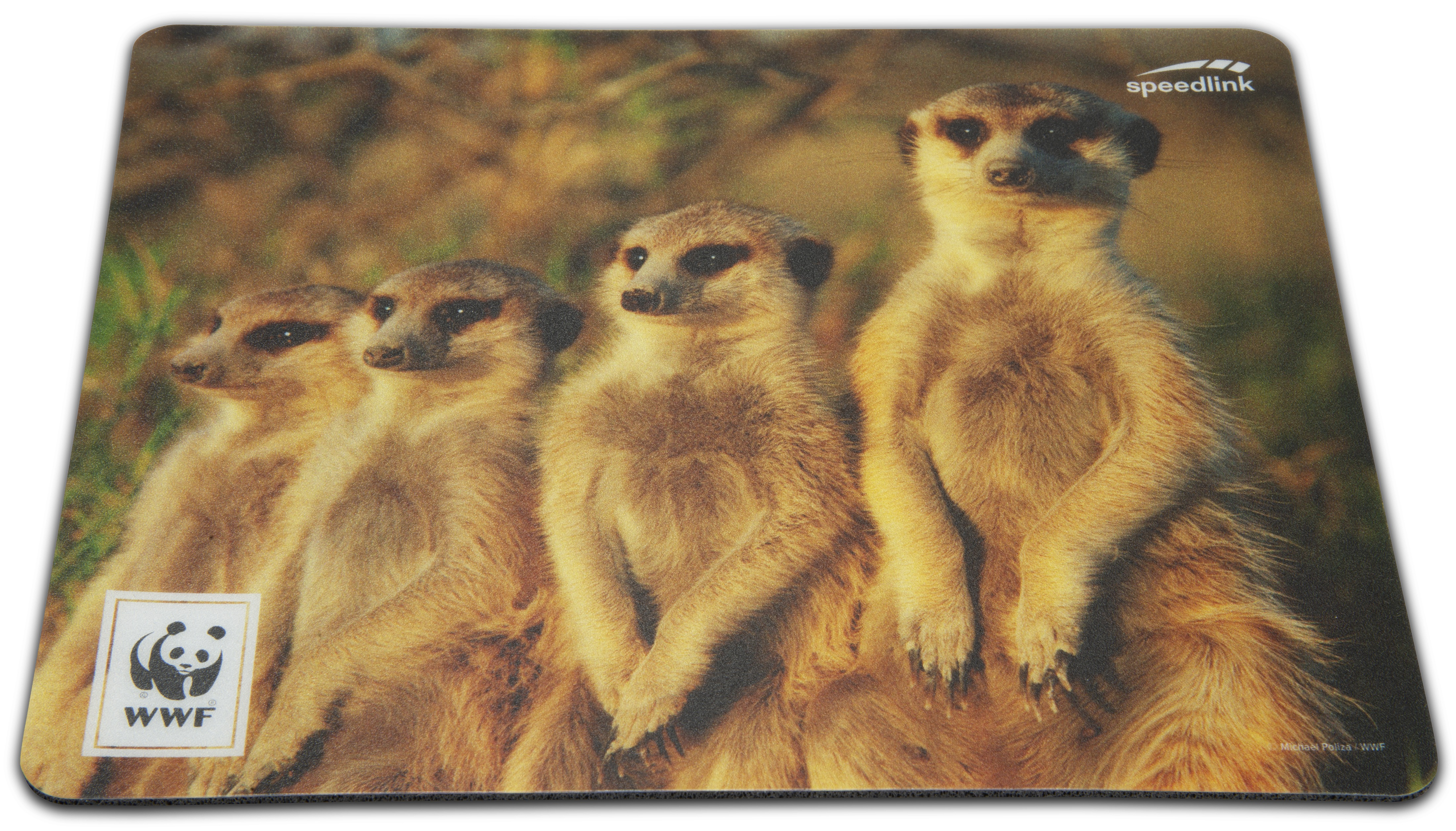 Mauspad mit aufrecht stehenden Erdmännchen, WWF-Logo und Sonnenuntergangshintergrund.