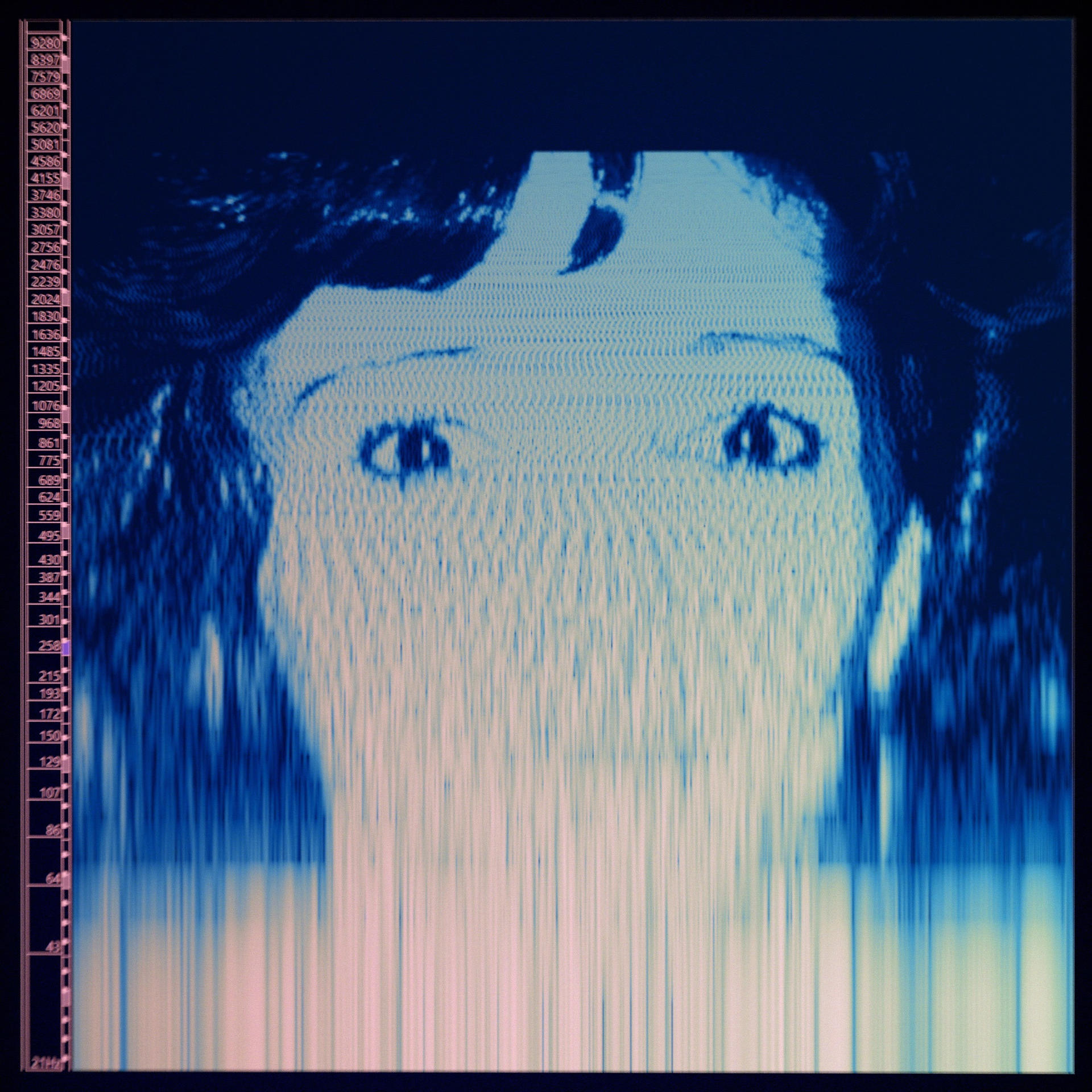 Image abstraite d'un visage avec des lignes verticales ; yeux et cheveux visibles.
