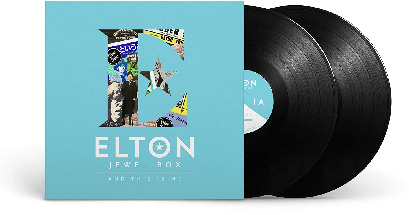Elton John album borítója két fekete bakelit lemezzel fehér háttérrel.