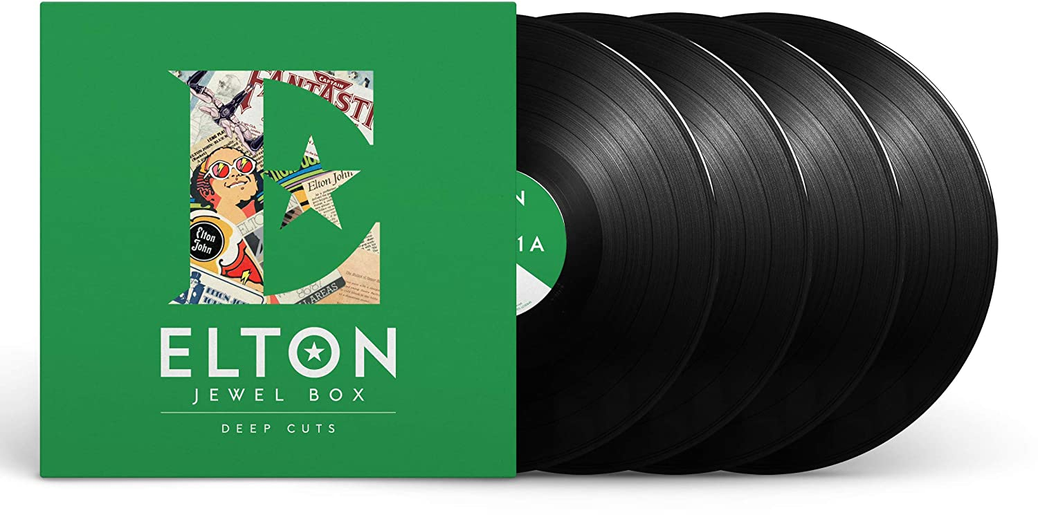 Elton John Jewel Box album borítója, négy fekete bakelit lemezzel.