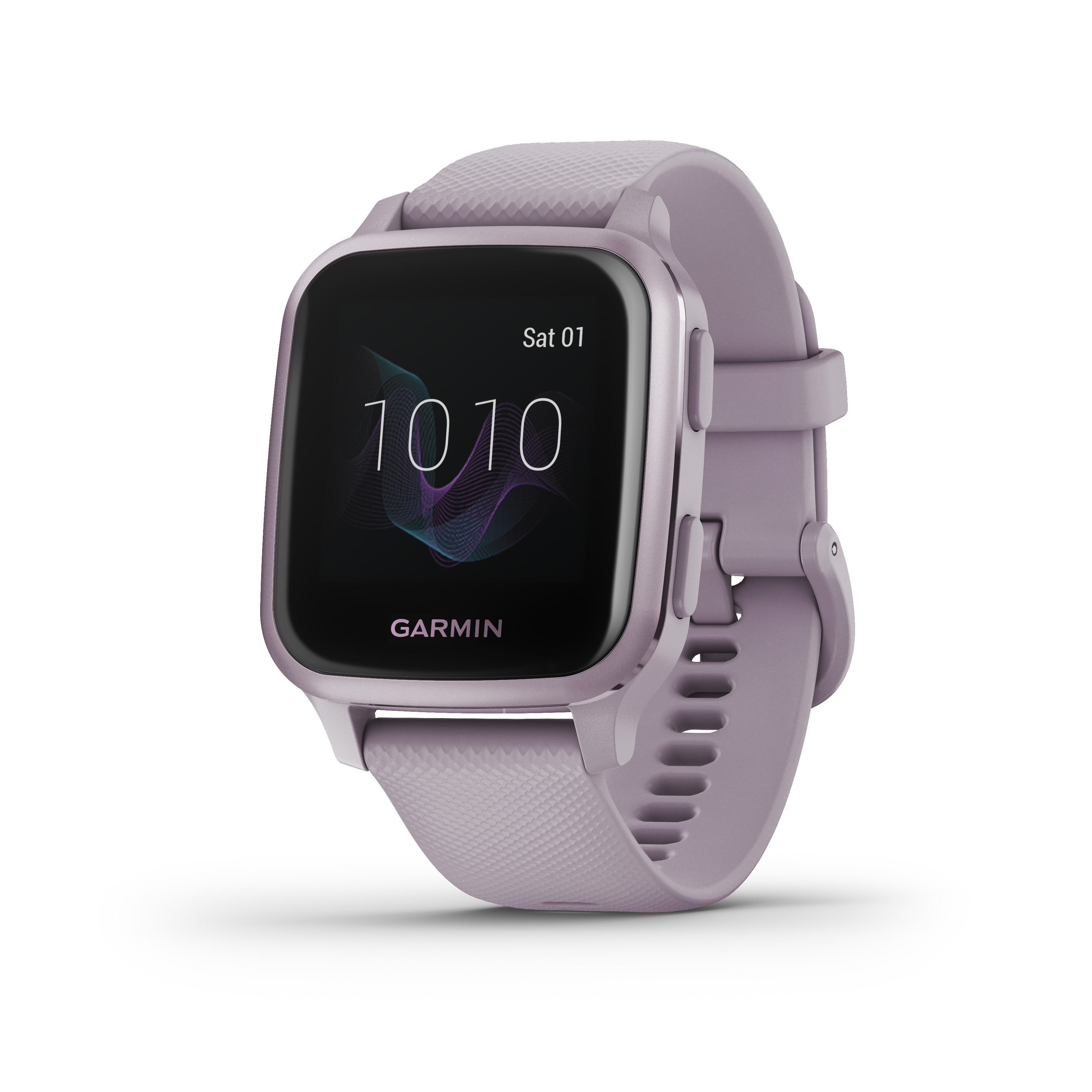 Eine lavendelfarbene Smartwatch mit schwarzem Bildschirm, der die Uhrzeit und das Garmin-Logo anzeigt.