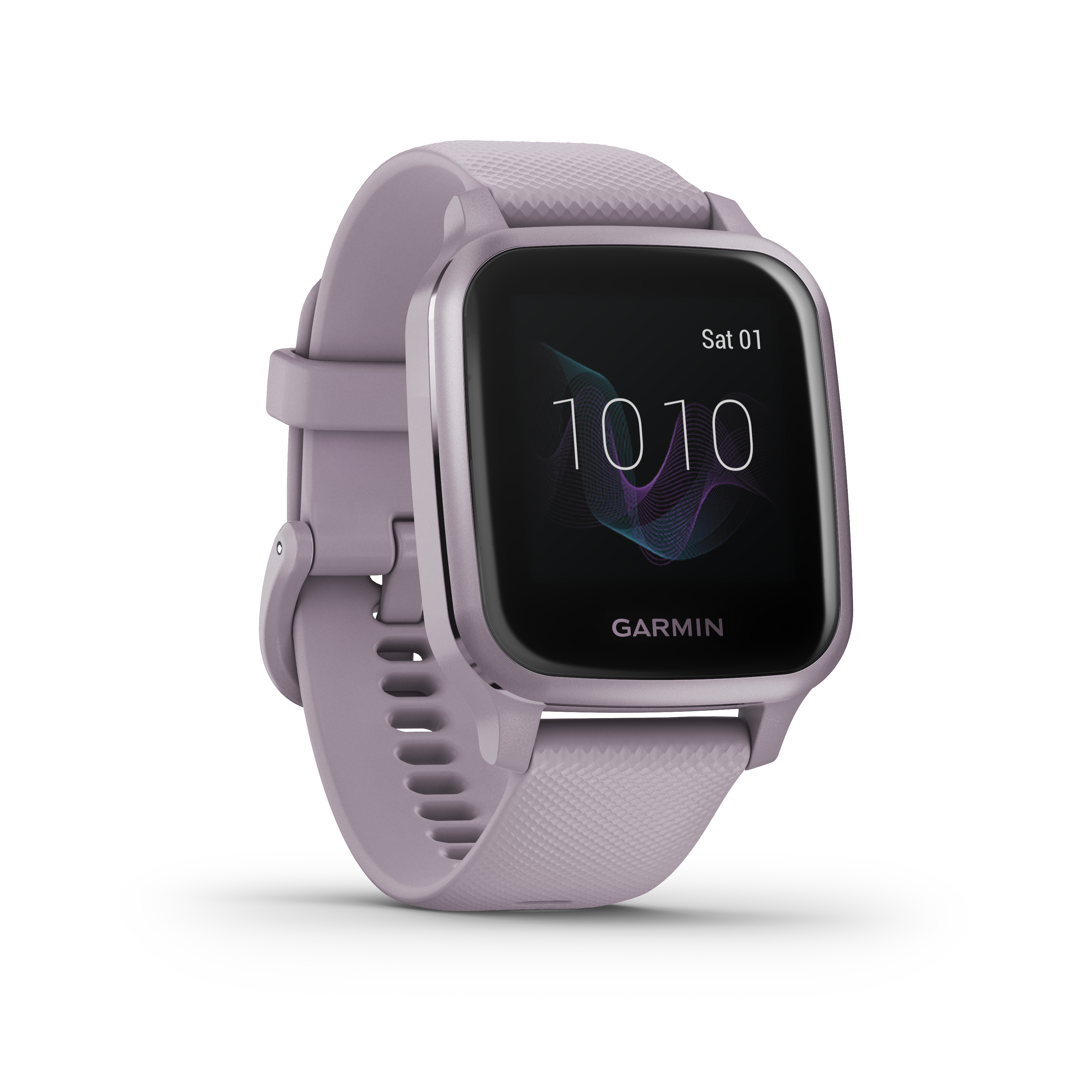 Eine lila Garmin-Smartwatch auf weißem Hintergrund. Der Bildschirm zeigt die Uhrzeit an. Die Uhr ist nach links abgewinkelt.
