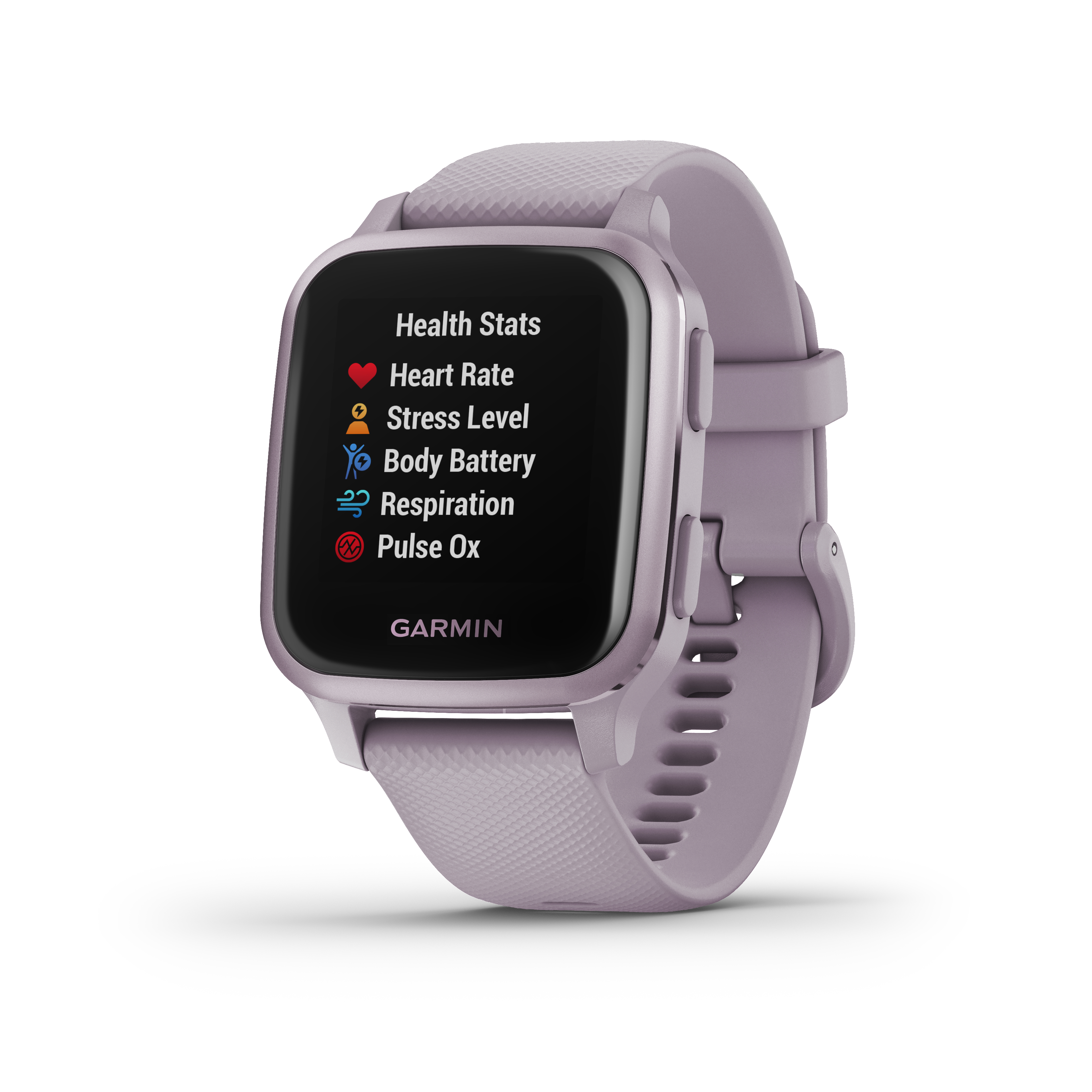 Garmin Smartwatch auf weißem Hintergrund. Zeigt Gesundheitsdaten, einschließlich Herzfrequenz und Körperbatterie.