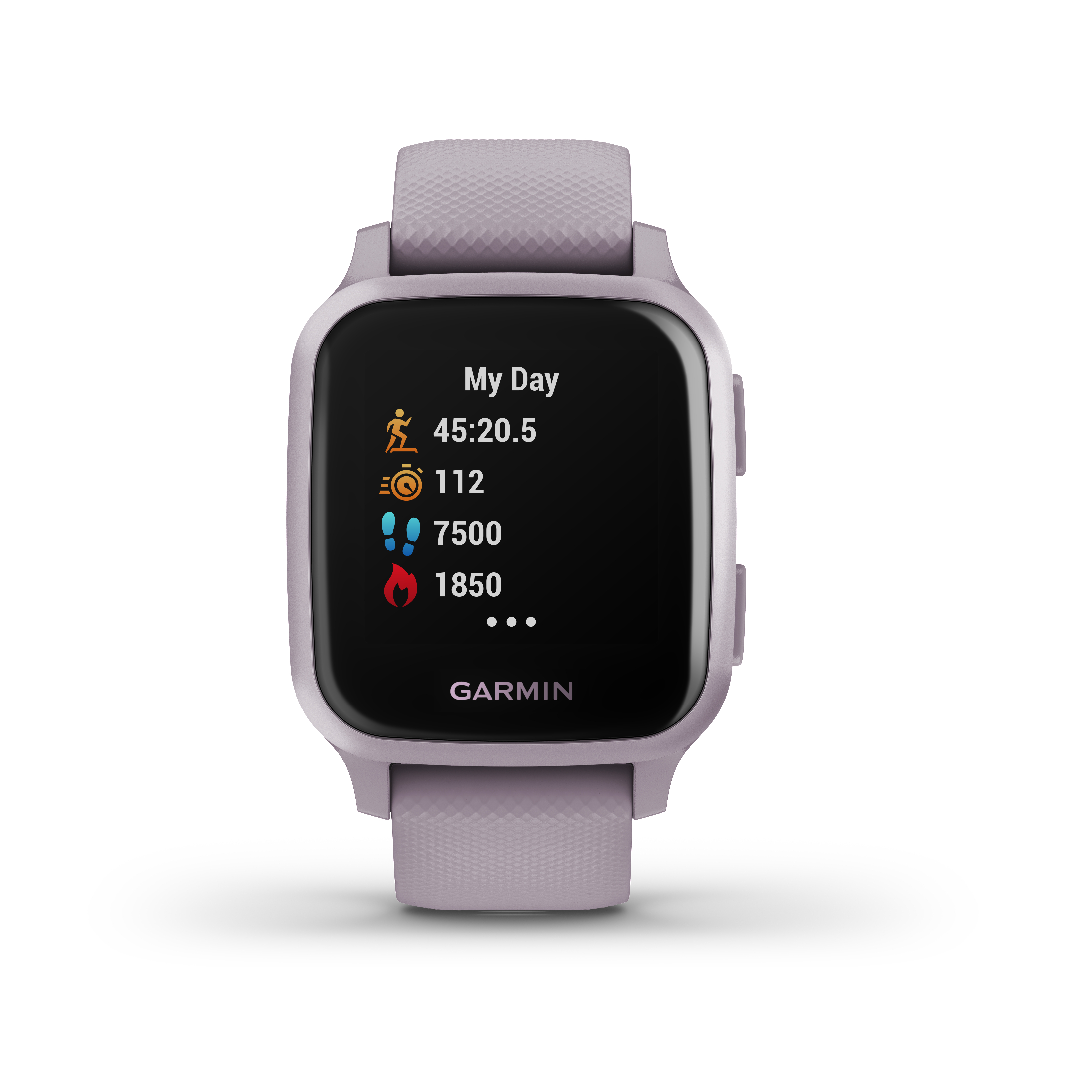 Lila Garmin Smartwatch mit Fitnessdaten: Zeit, Schritte, Distanz und Kalorienverbrauch. Ein lila Armband ist sichtbar.