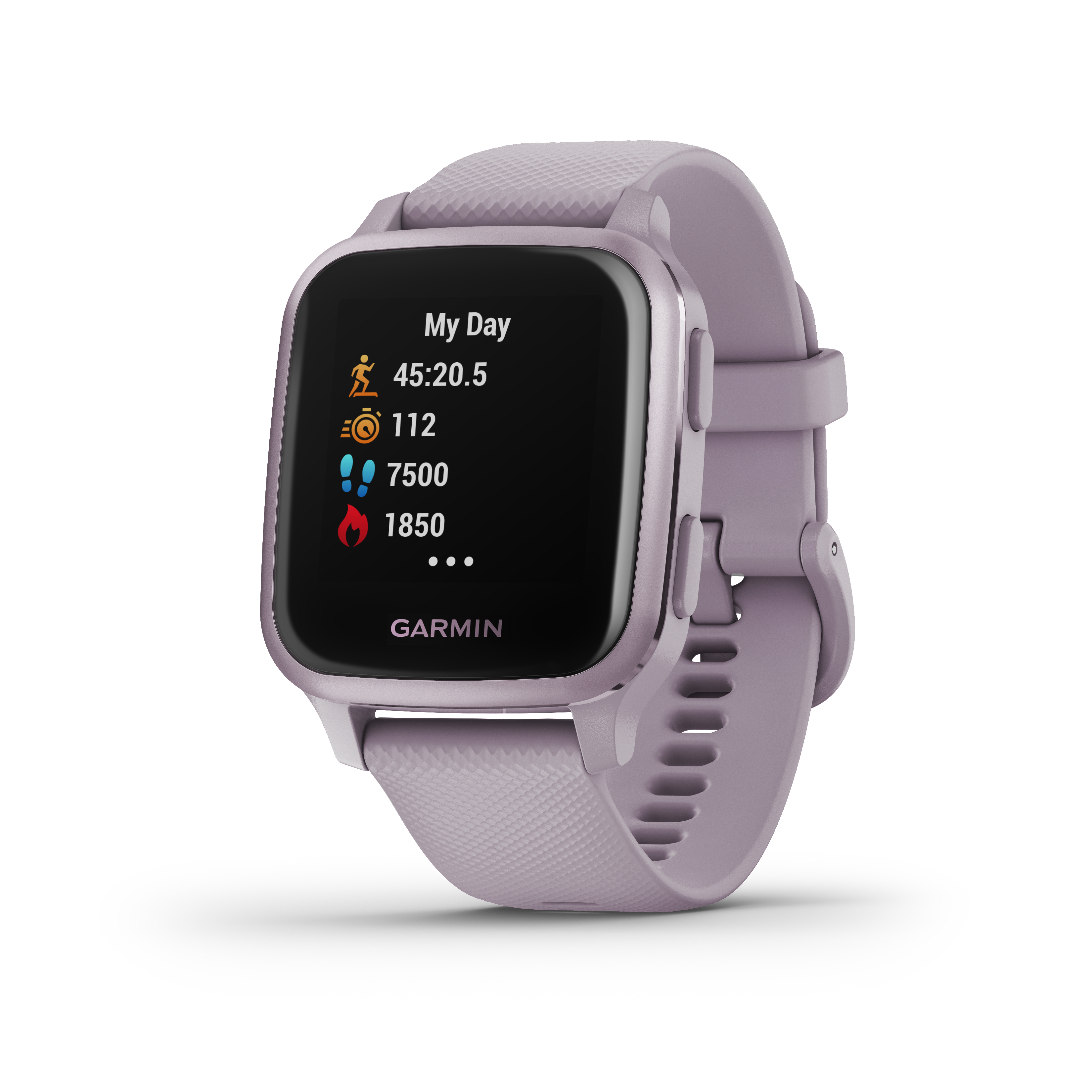 Lila Garmin Smartwatch. Schwarzer Bildschirm zeigt Fitnessdaten. Lila Armband.