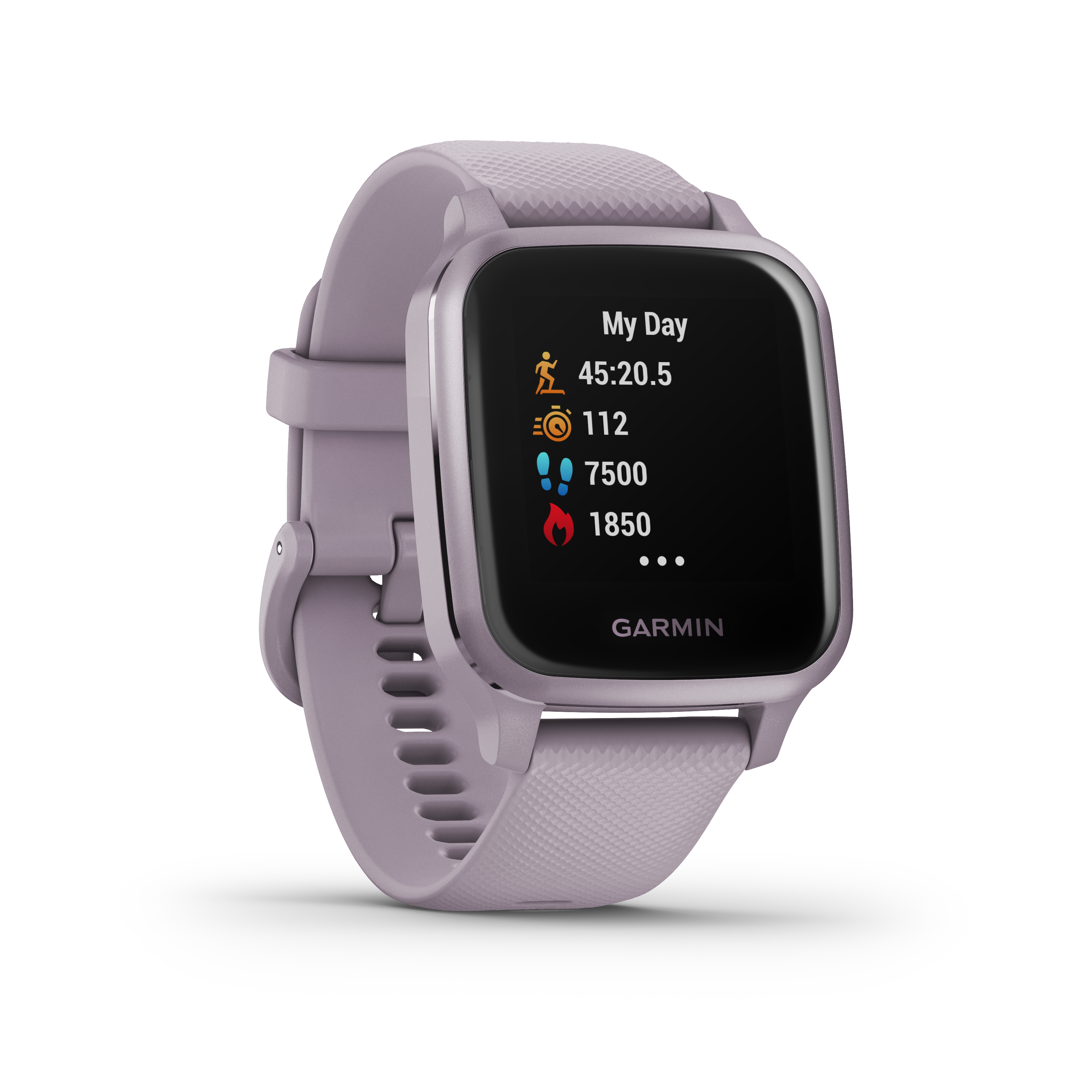 Lila Smartwatch-Bildschirm mit Aktivitätsstatistiken: Zeit, Schritte, Kalorien und Herzfrequenz.