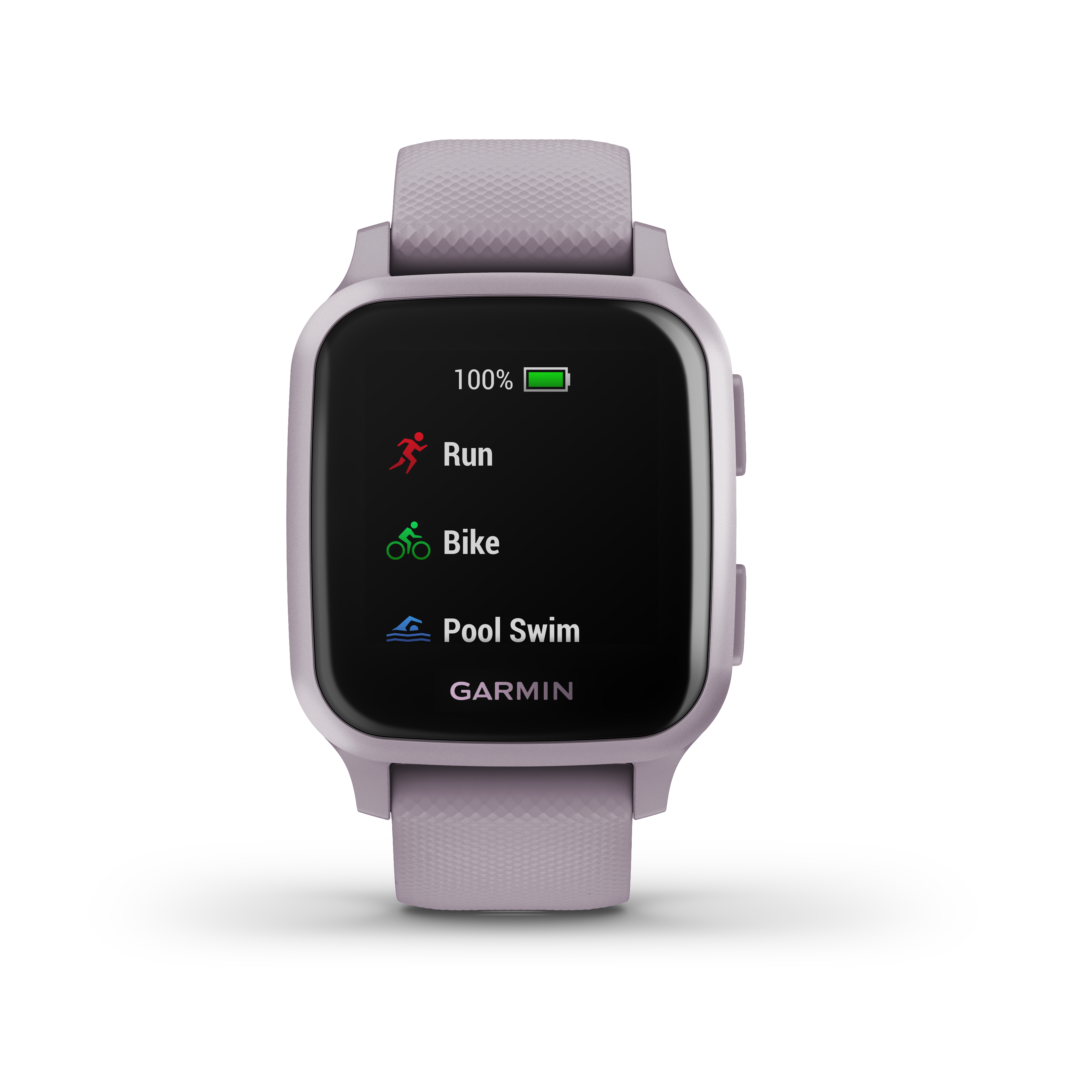 Lila Smartwatch-Bildschirm mit Aktivitätsoptionen: Laufen, Fahrradfahren und Schwimmen im Pool, mit Akkuanzeige.