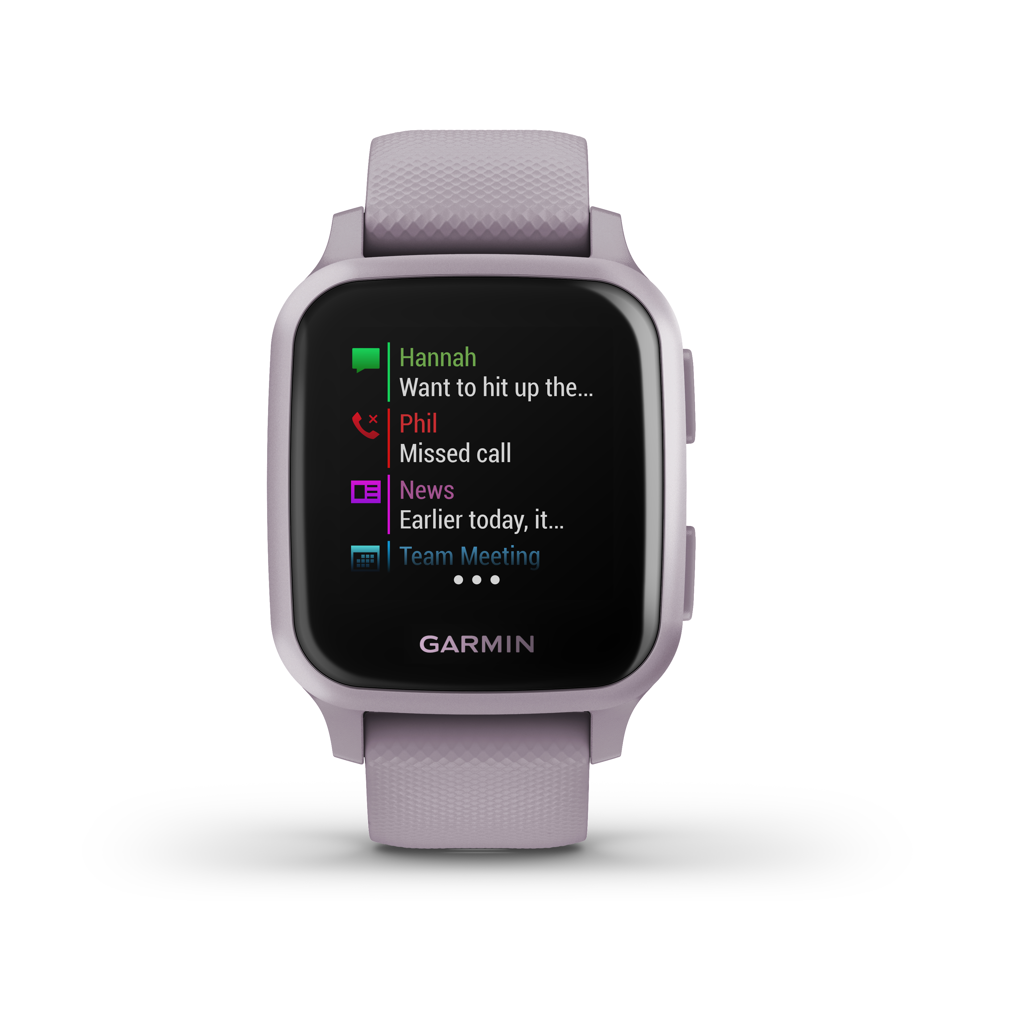 Eine lila Garmin Smartwatch, die Benachrichtigungen anzeigt.