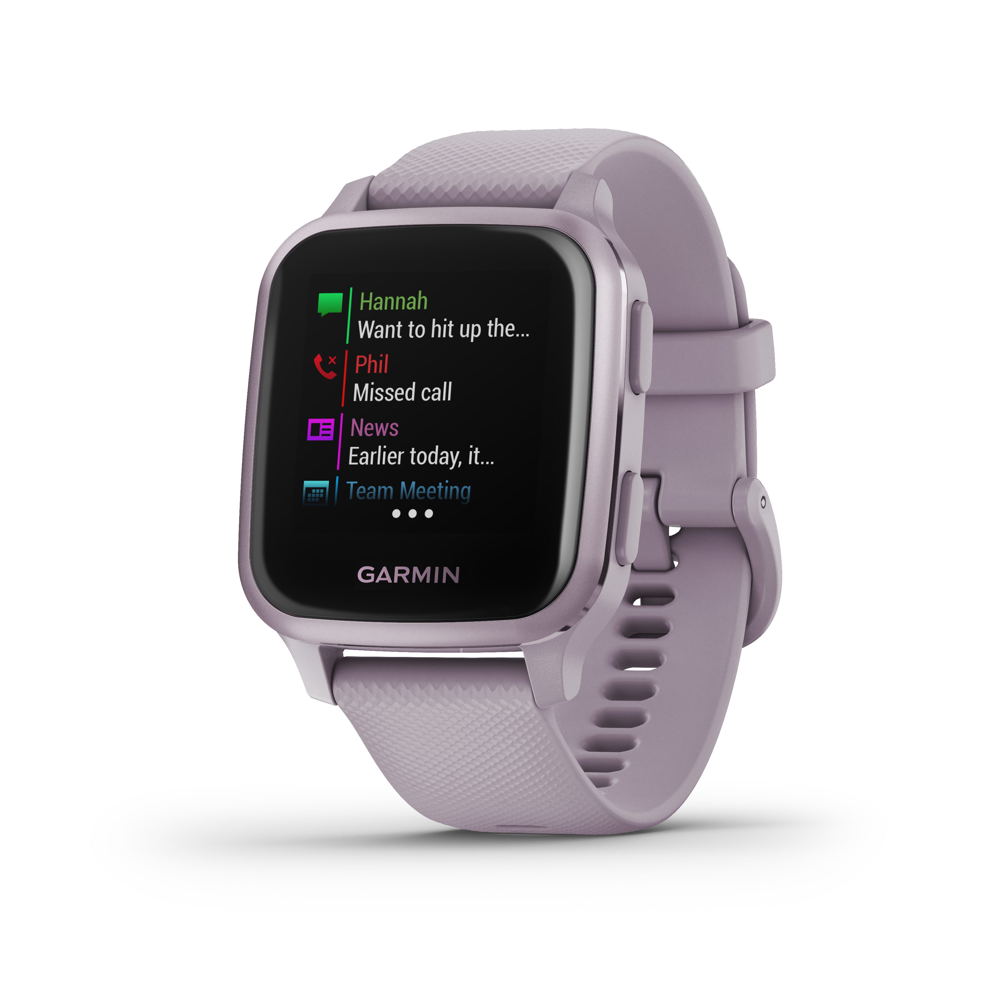 Violette Smartwatch mit Benachrichtigungen von Hannah und Phil sowie einer Teambesprechungsbenachrichtigung.